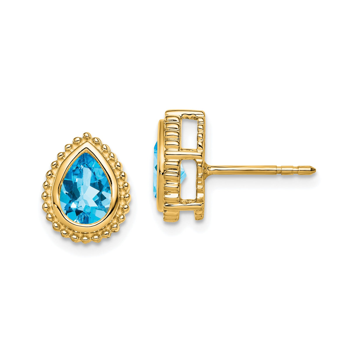 14k Yellow Gold Stud Earrings with Swiss Blue Topaz, Pear Shaped with Beaded Halo Setting