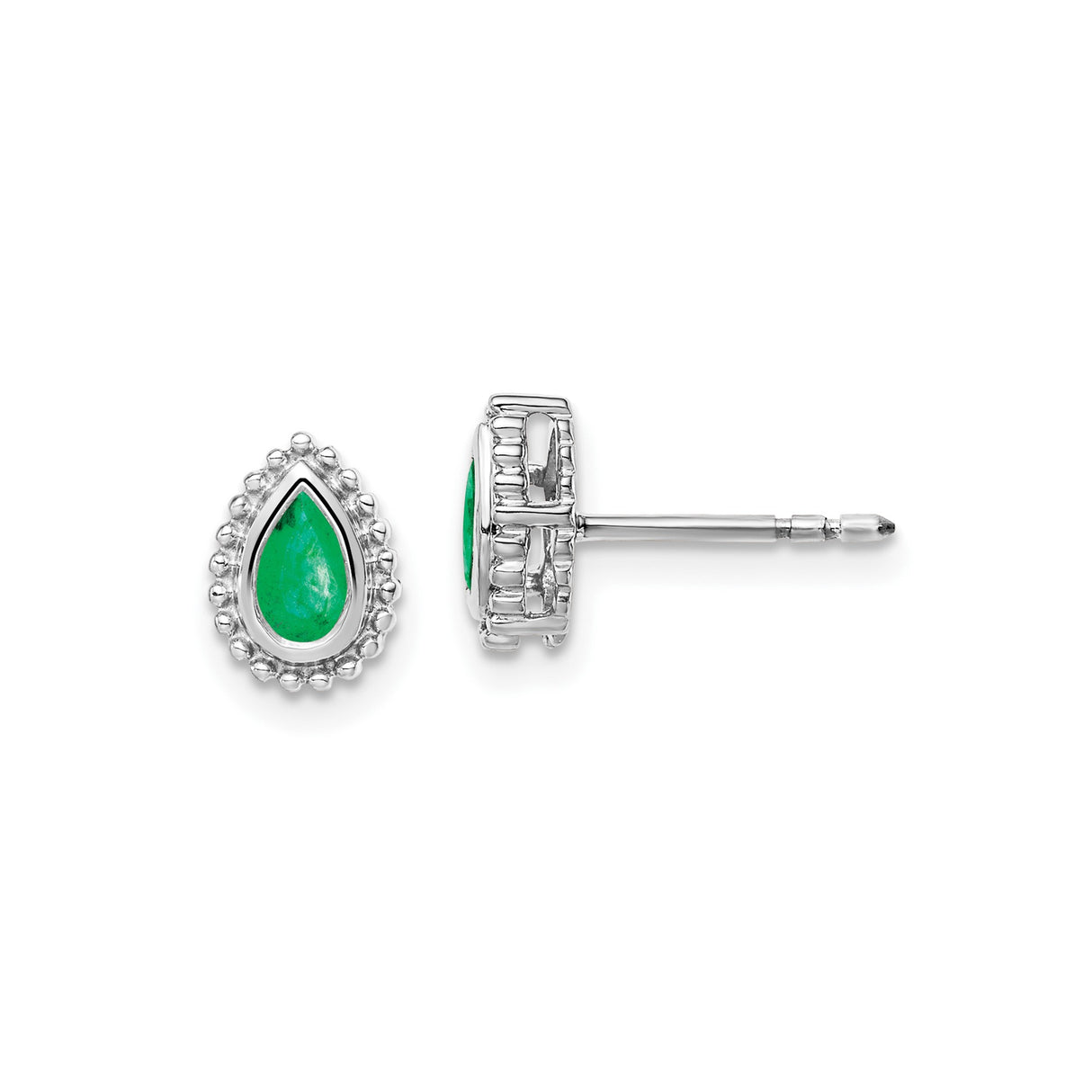 14k White Gold Teardrop Stud Earrings with Emerald and Beaded Halo