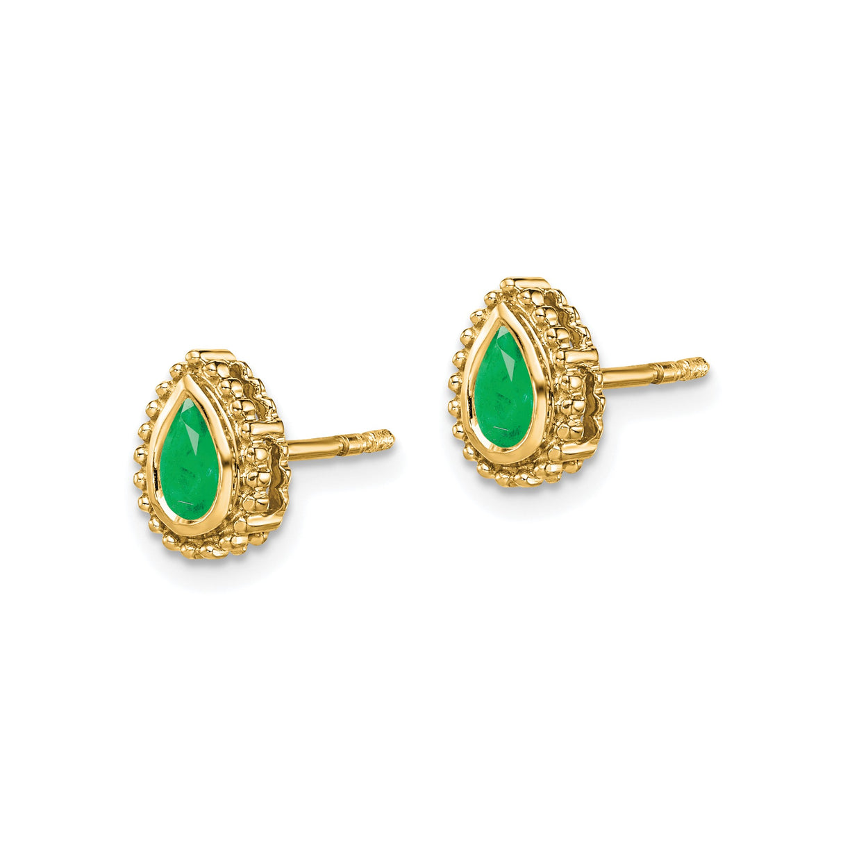 14k Yellow Gold Teardrop Stud Earrings with Emerald Center and Beaded Border