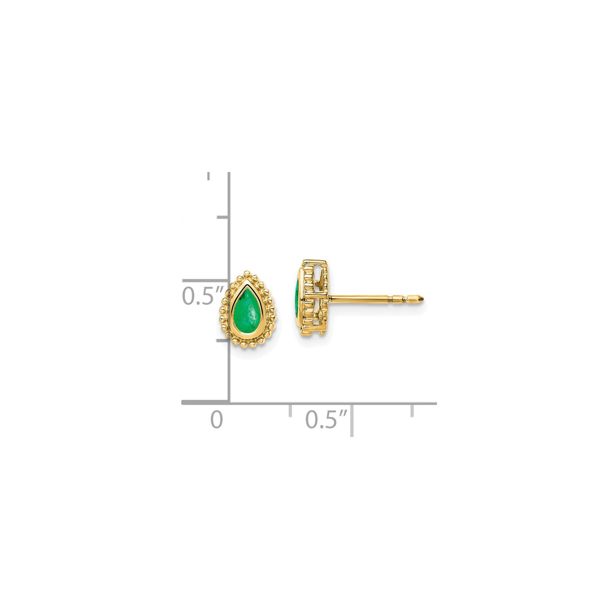 14k Yellow Gold Teardrop Stud Earrings with Emerald Center and Beaded Border
