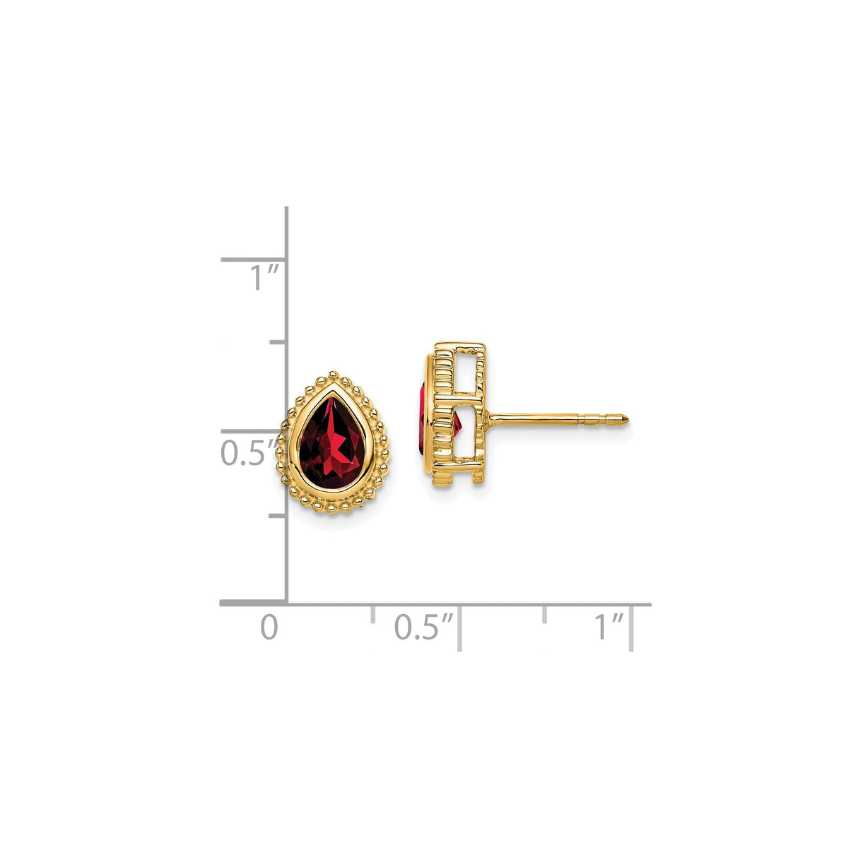 14k Yellow Gold Teardrop Stud Earrings with Garnet, Vintage Inspired Beaded Frame Design
