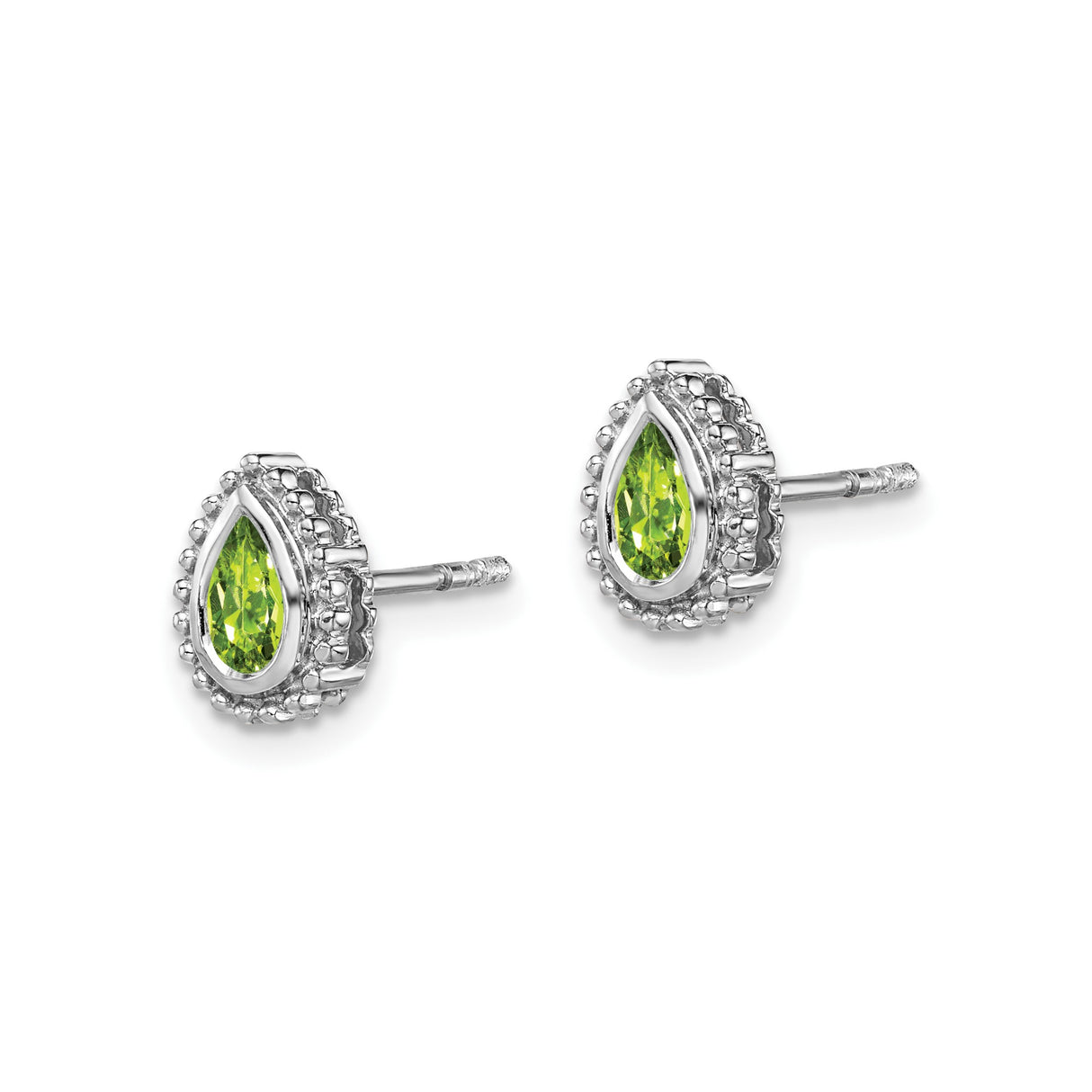 14k White Gold Peridot Stud Earrings with Pear Shape and Beaded Halo Design