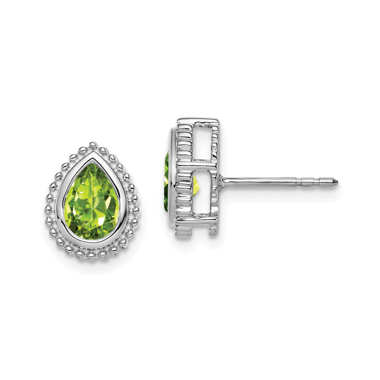 14k White Gold Peridot Stud Earrings with Pear Shape and Beaded Halo Design