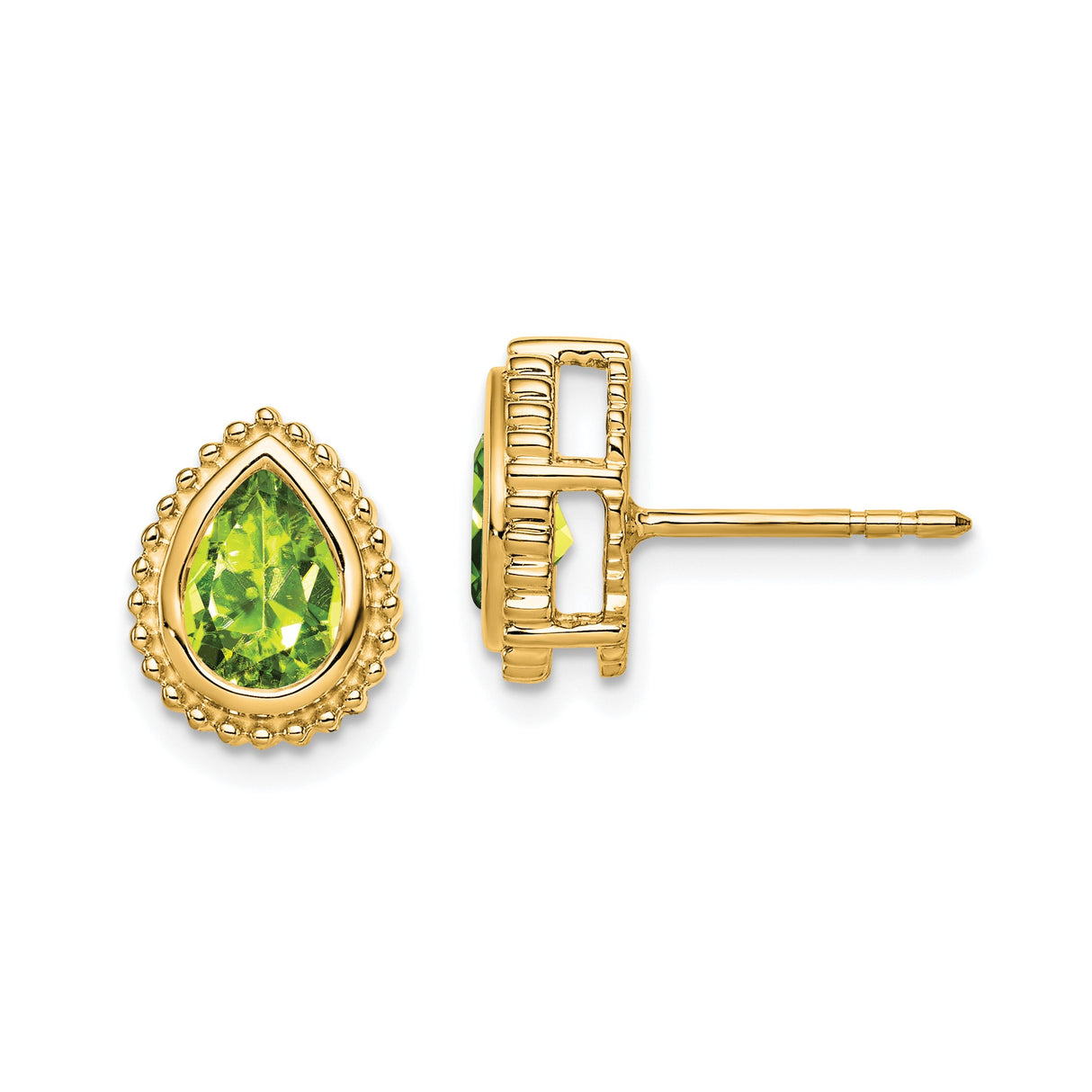 14k Yellow Gold Peridot Stud Earrings, Pear Shaped with Beaded Frame Design