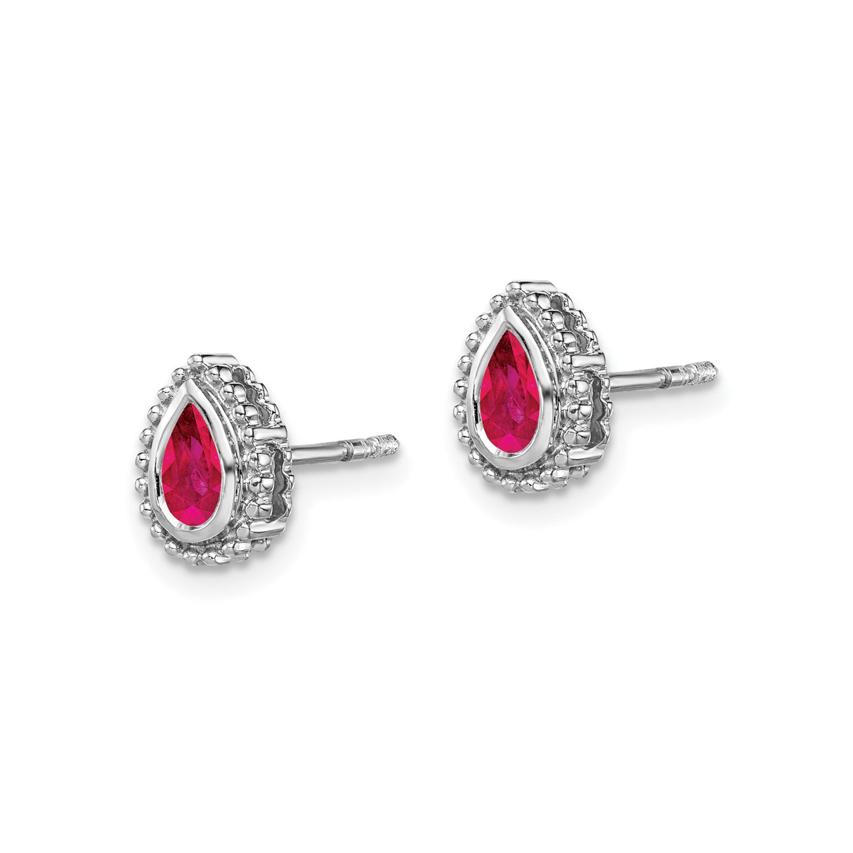 14k White Gold Teardrop Stud Earrings with Ruby, Pear-Shaped Beaded Halo Setting for Women