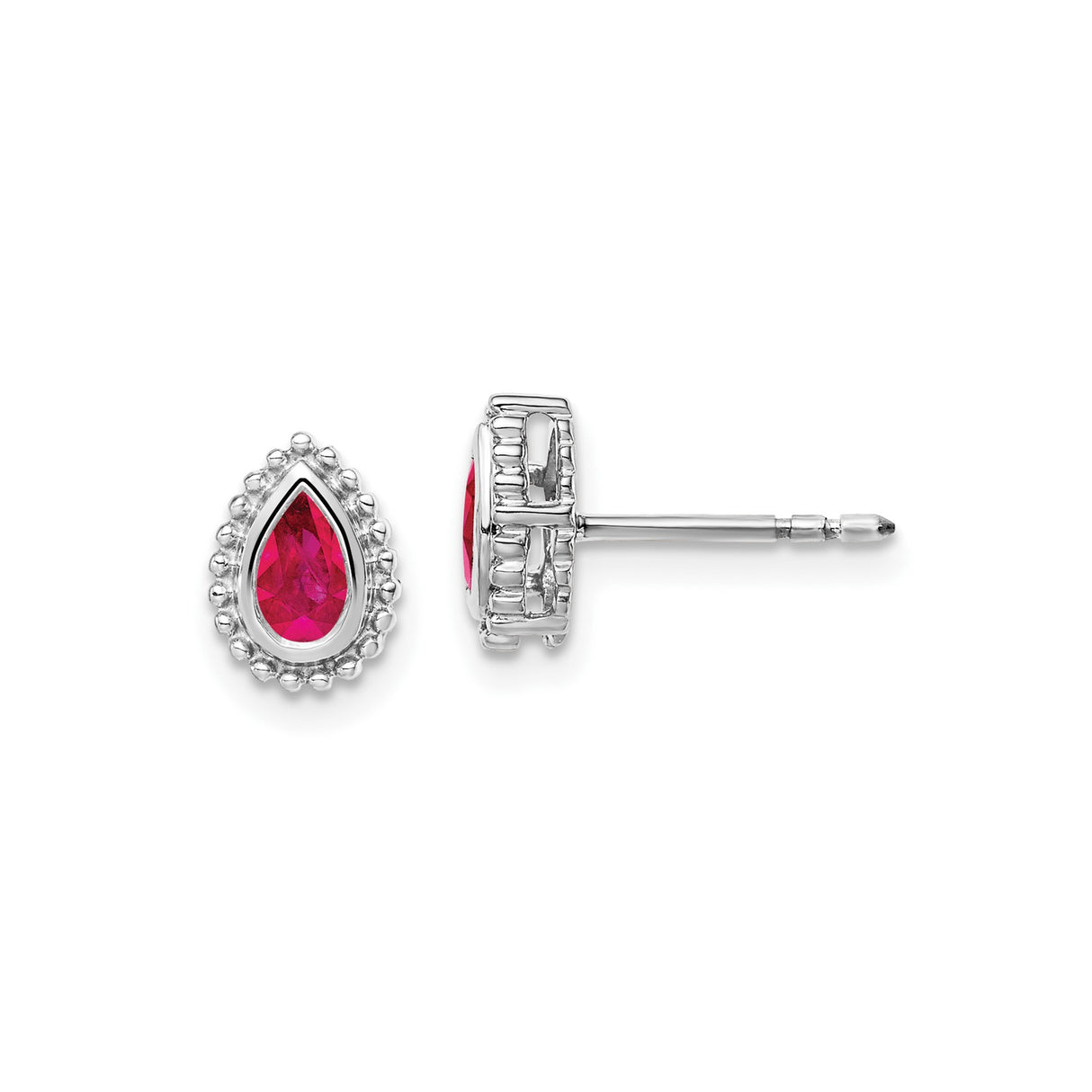 14k White Gold Teardrop Stud Earrings with Ruby, Pear-Shaped Beaded Halo Setting for Women