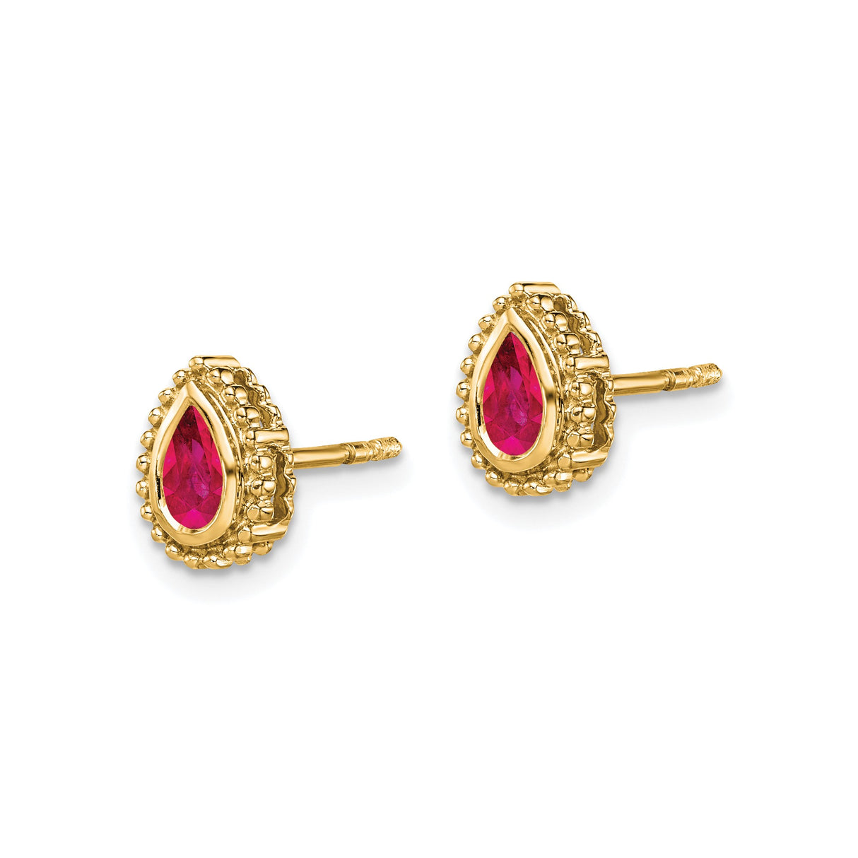 14k Yellow Gold Teardrop Stud Earrings with Ruby, Beaded Detail, Classic Style for Women