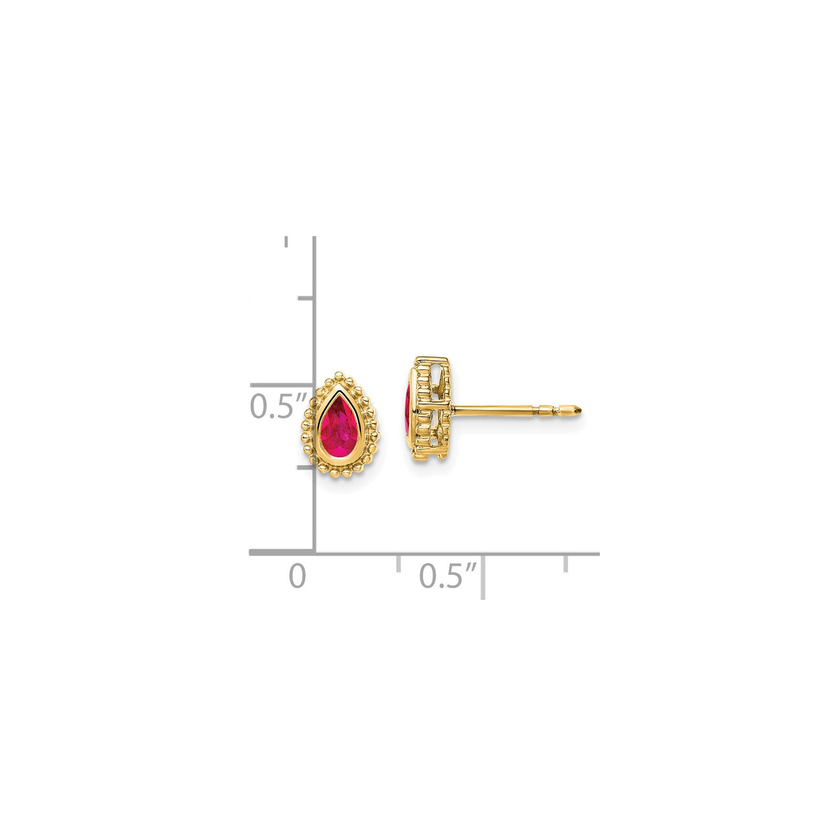 14k Yellow Gold Teardrop Stud Earrings with Ruby, Beaded Detail, Classic Style for Women