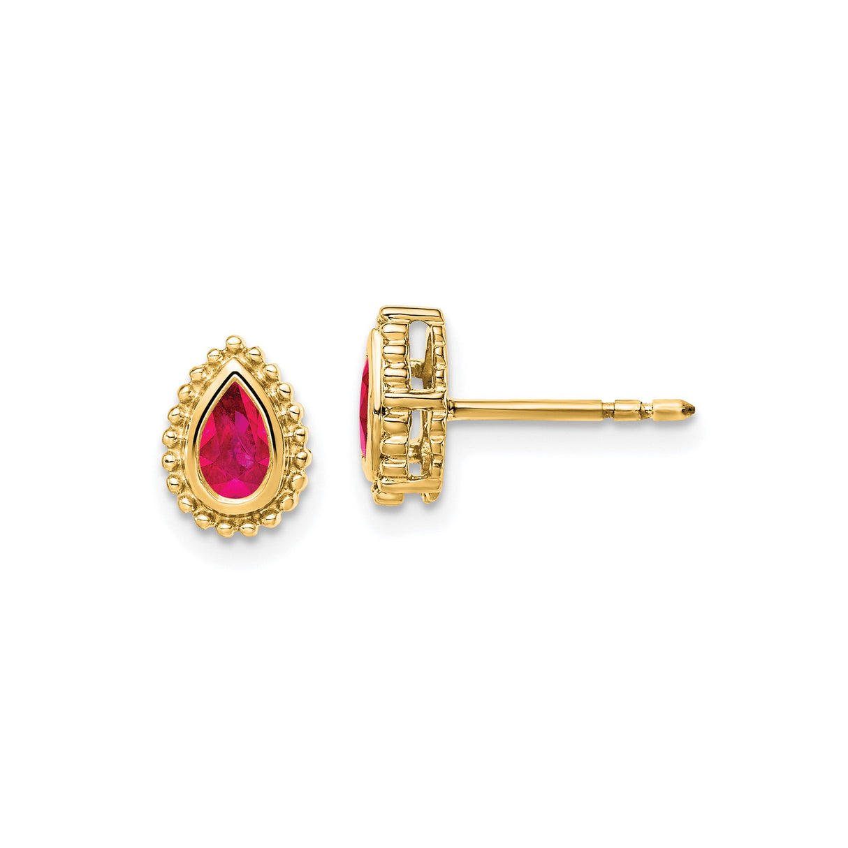 14k Yellow Gold Teardrop Stud Earrings with Ruby, Beaded Detail, Classic Style for Women