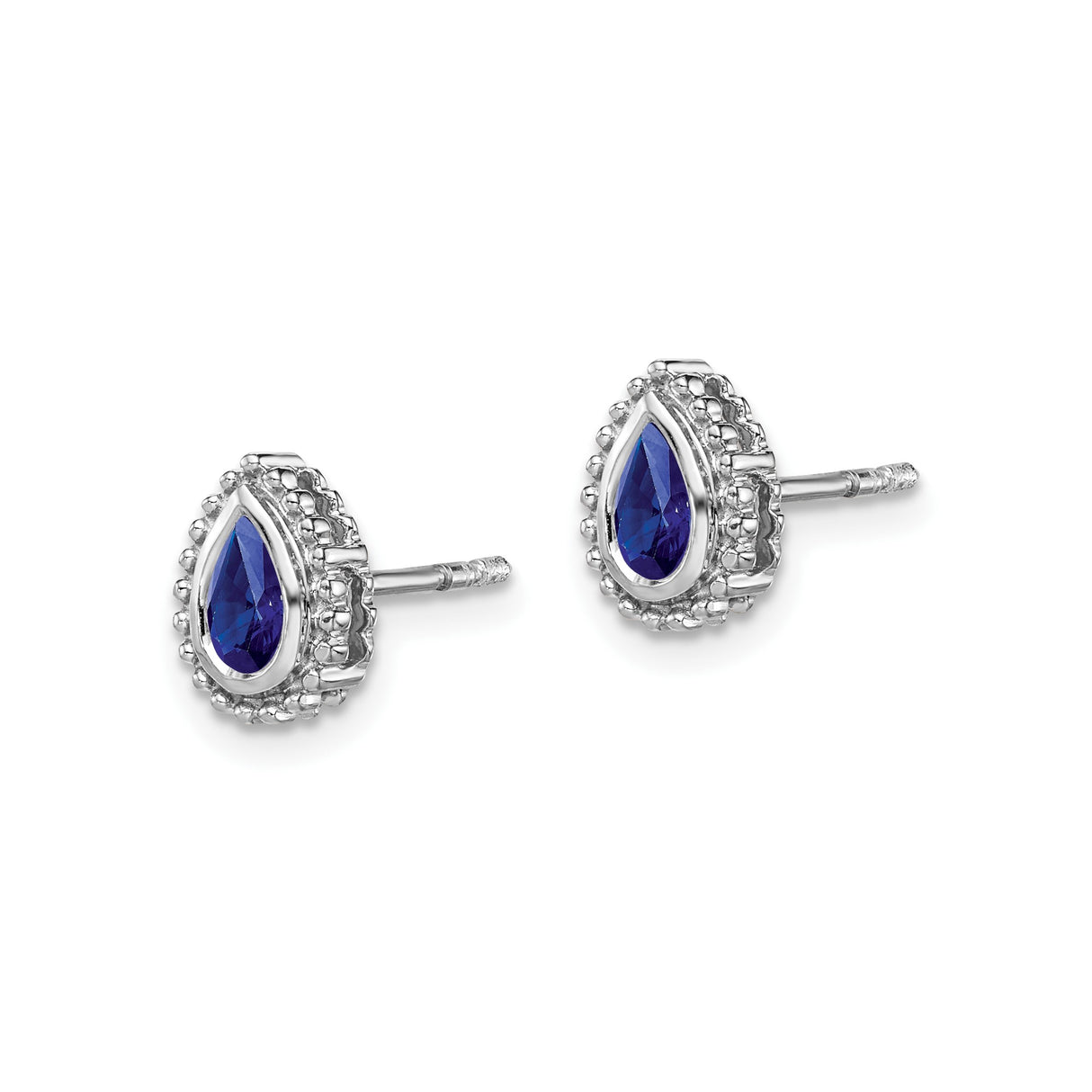 14k White Gold Teardrop Stud Earrings with Sapphire, Beaded Halo Design