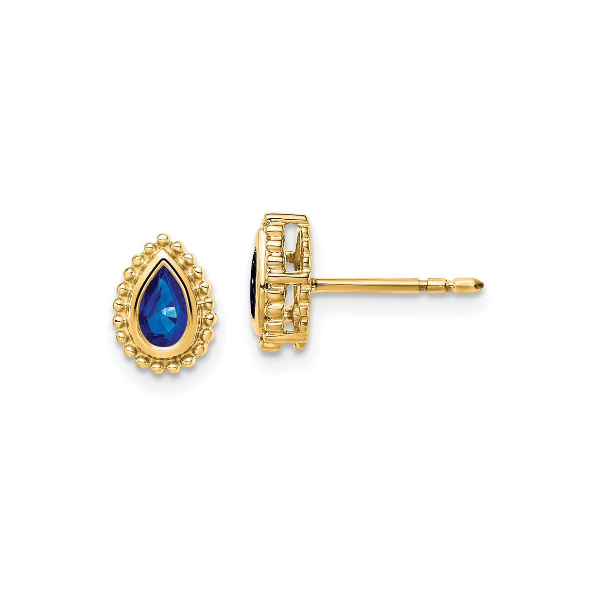 14k Yellow Gold Teardrop Stud Earrings with Sapphire in Beaded Setting