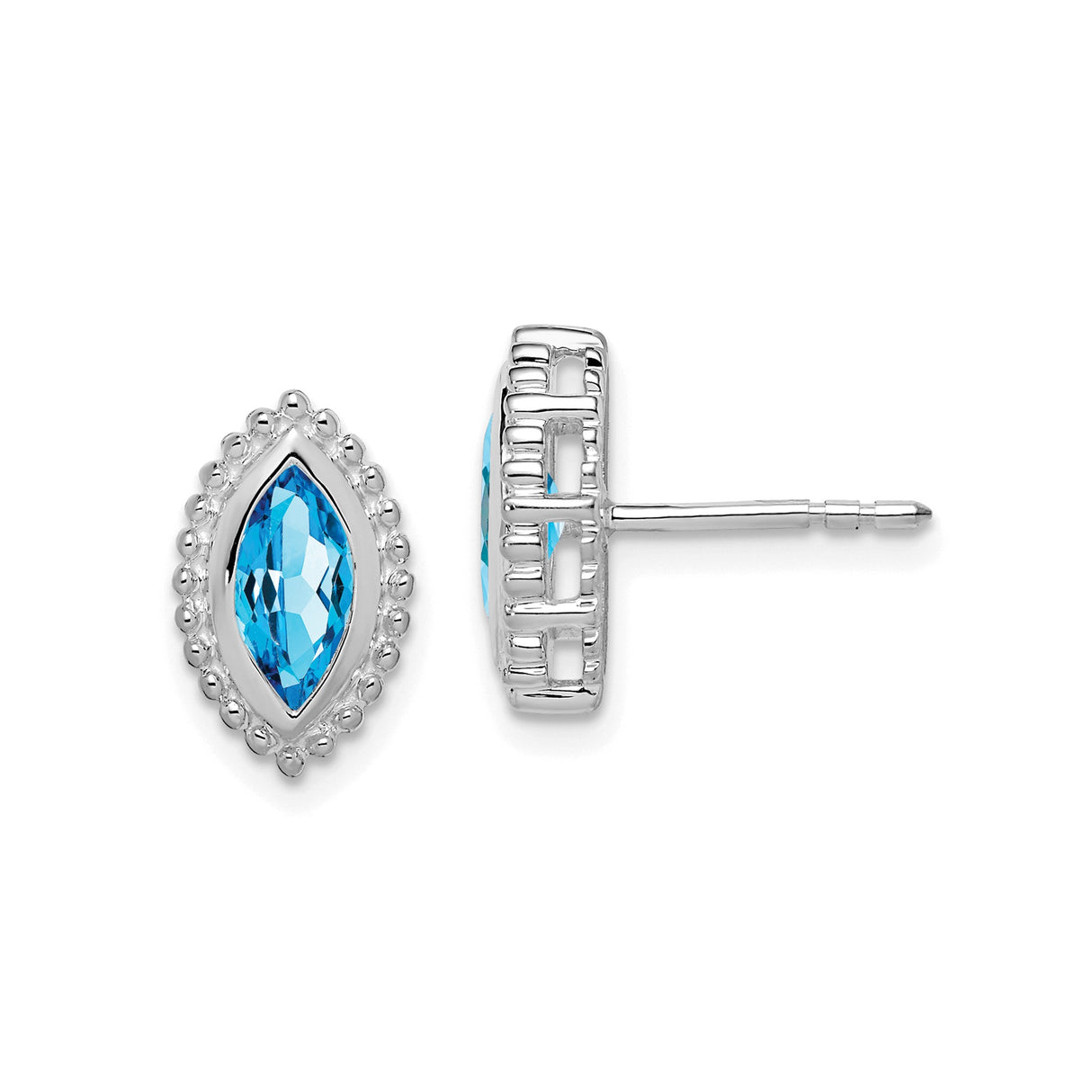 14k White Gold Blue Topaz Stud Earrings with Marquise Cut and Beaded Halo Design