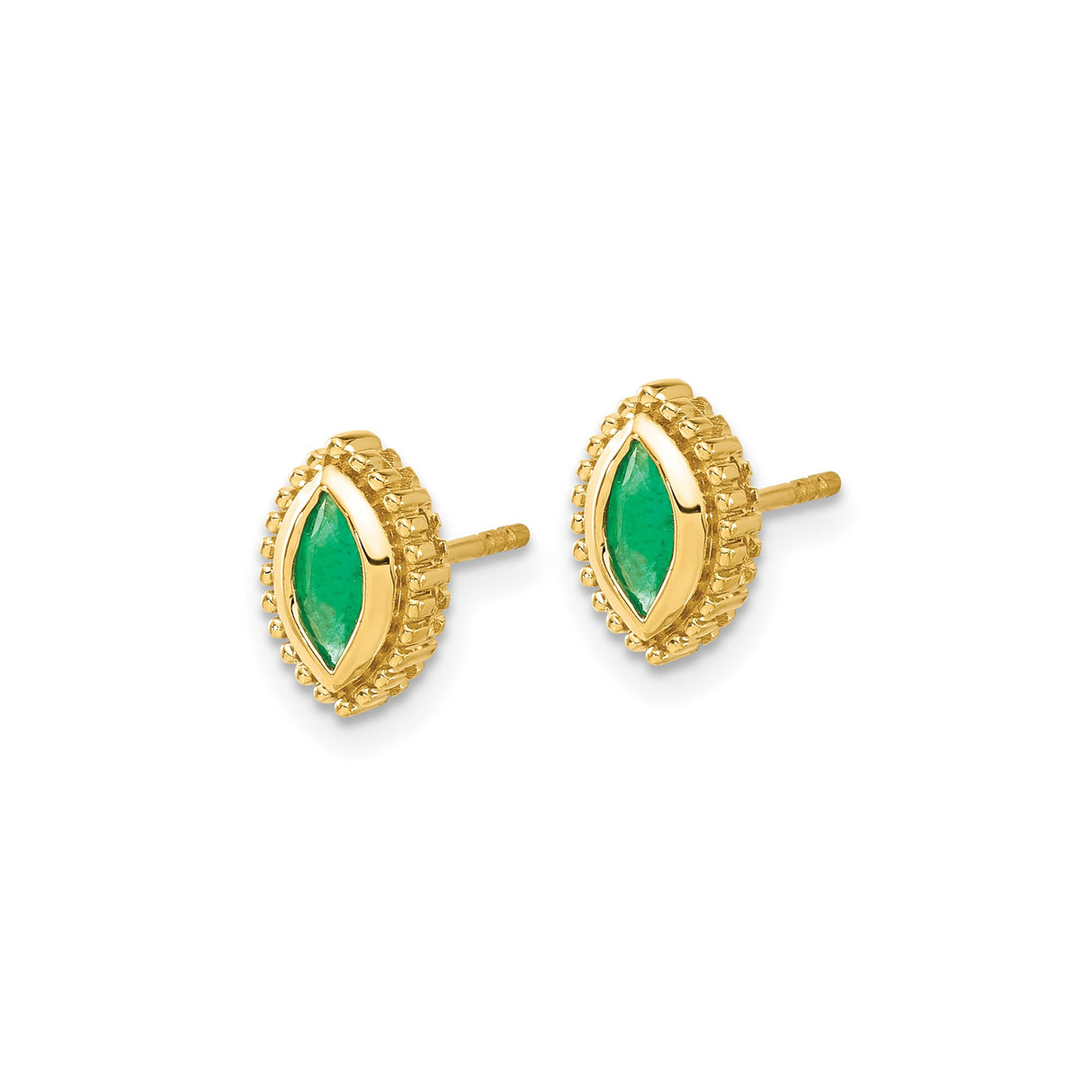 14k Yellow Gold Marquise Stud Earrings with Emerald, Beaded Edge Setting