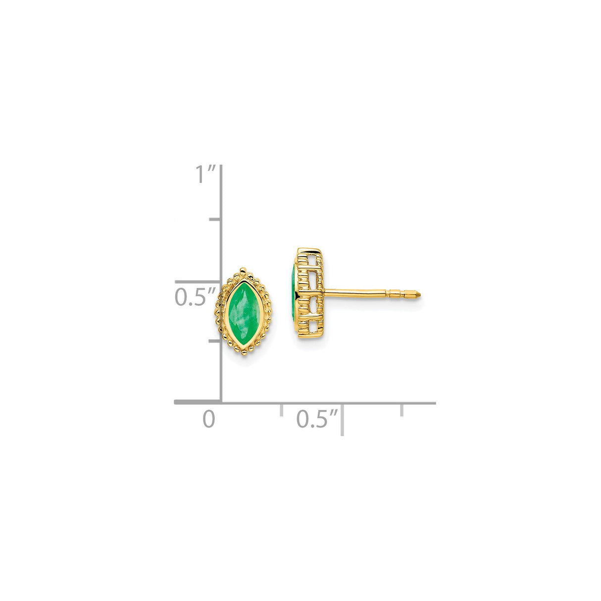 14k Yellow Gold Marquise Stud Earrings with Emerald, Beaded Edge Setting