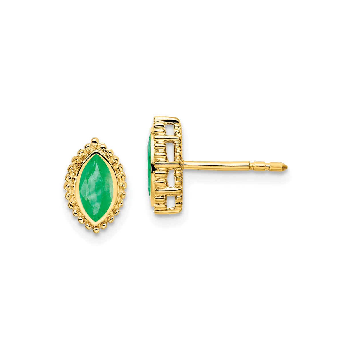 14k Yellow Gold Marquise Stud Earrings with Emerald, Beaded Edge Setting