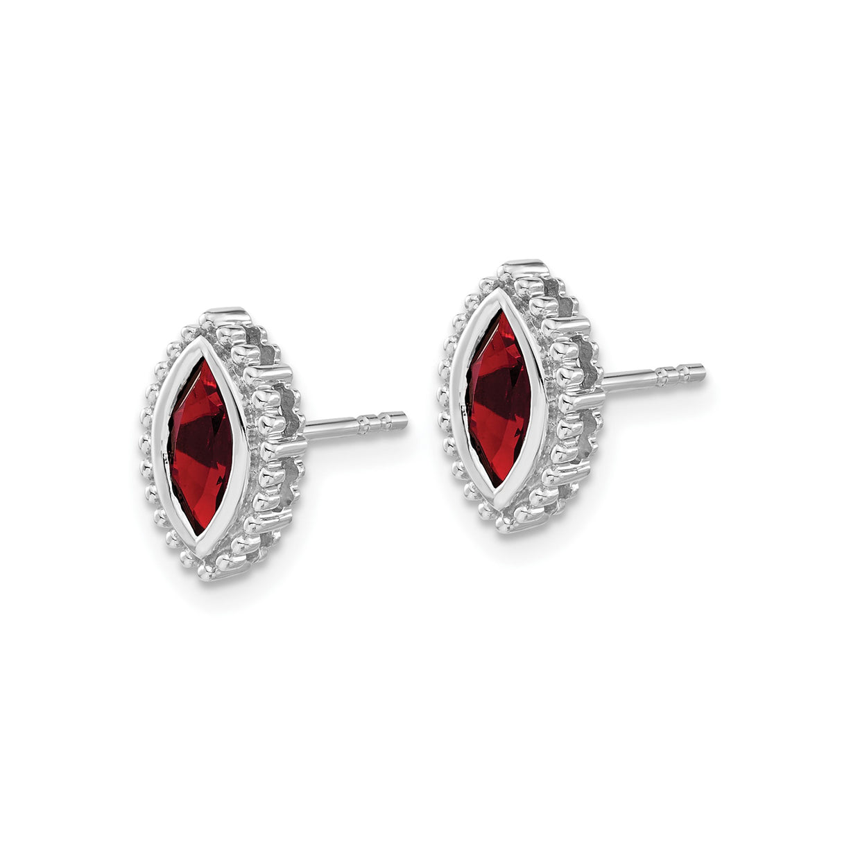 14k White Gold Garnet Stud Earrings with Marquise Cut and Beaded Halo Design