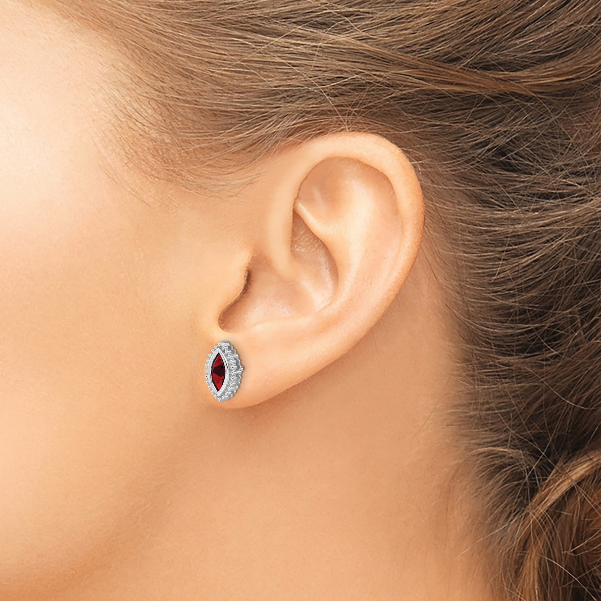 14k White Gold Garnet Stud Earrings with Marquise Cut and Beaded Halo Design