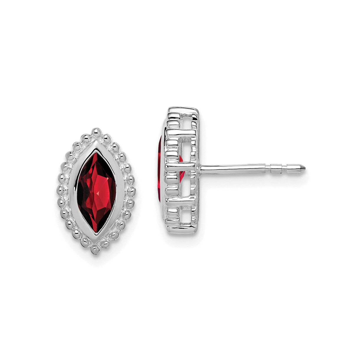 14k White Gold Garnet Stud Earrings with Marquise Cut and Beaded Halo Design