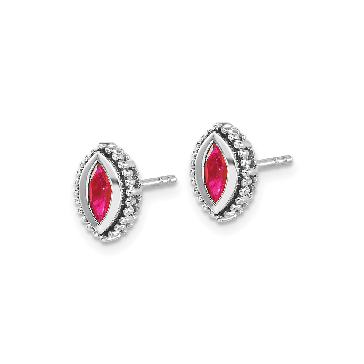 14k White Gold Ruby Stud Earrings, Marquise Cut with Beaded Halo Design for Women