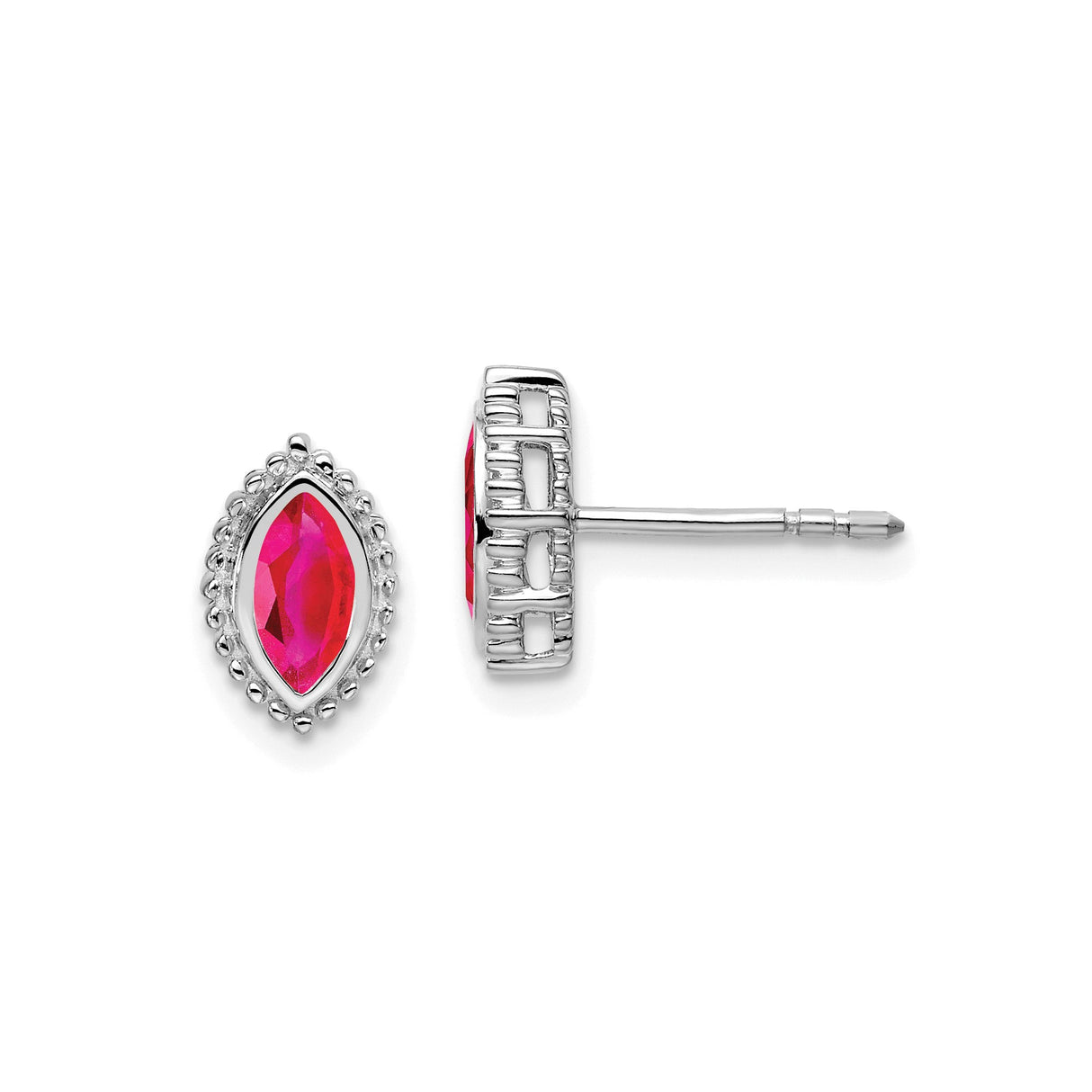14k White Gold Ruby Stud Earrings, Marquise Cut with Beaded Halo Design for Women