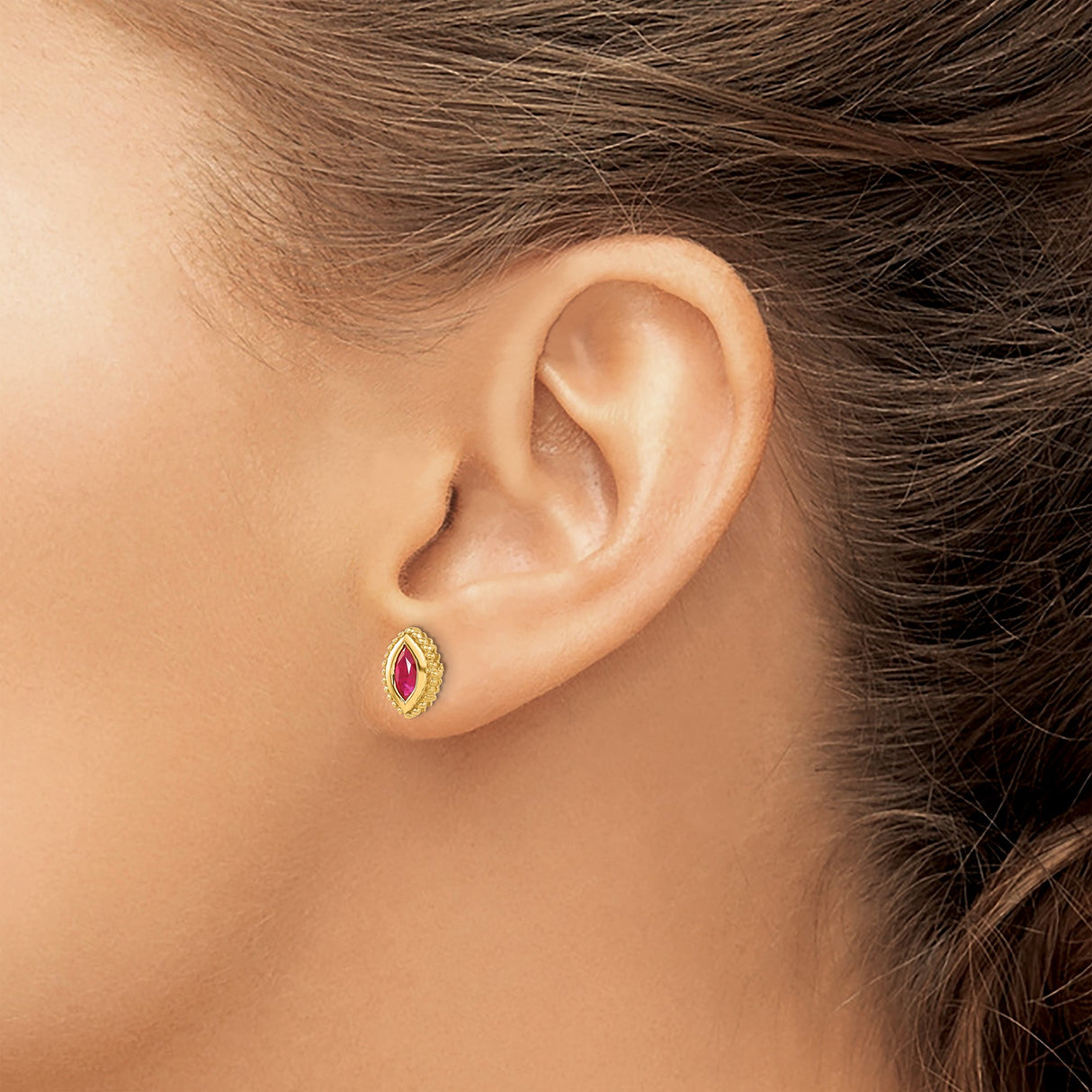14k Yellow Gold Marquise Stud Earrings with Ruby and Beaded Border, Vintage Inspired Design
