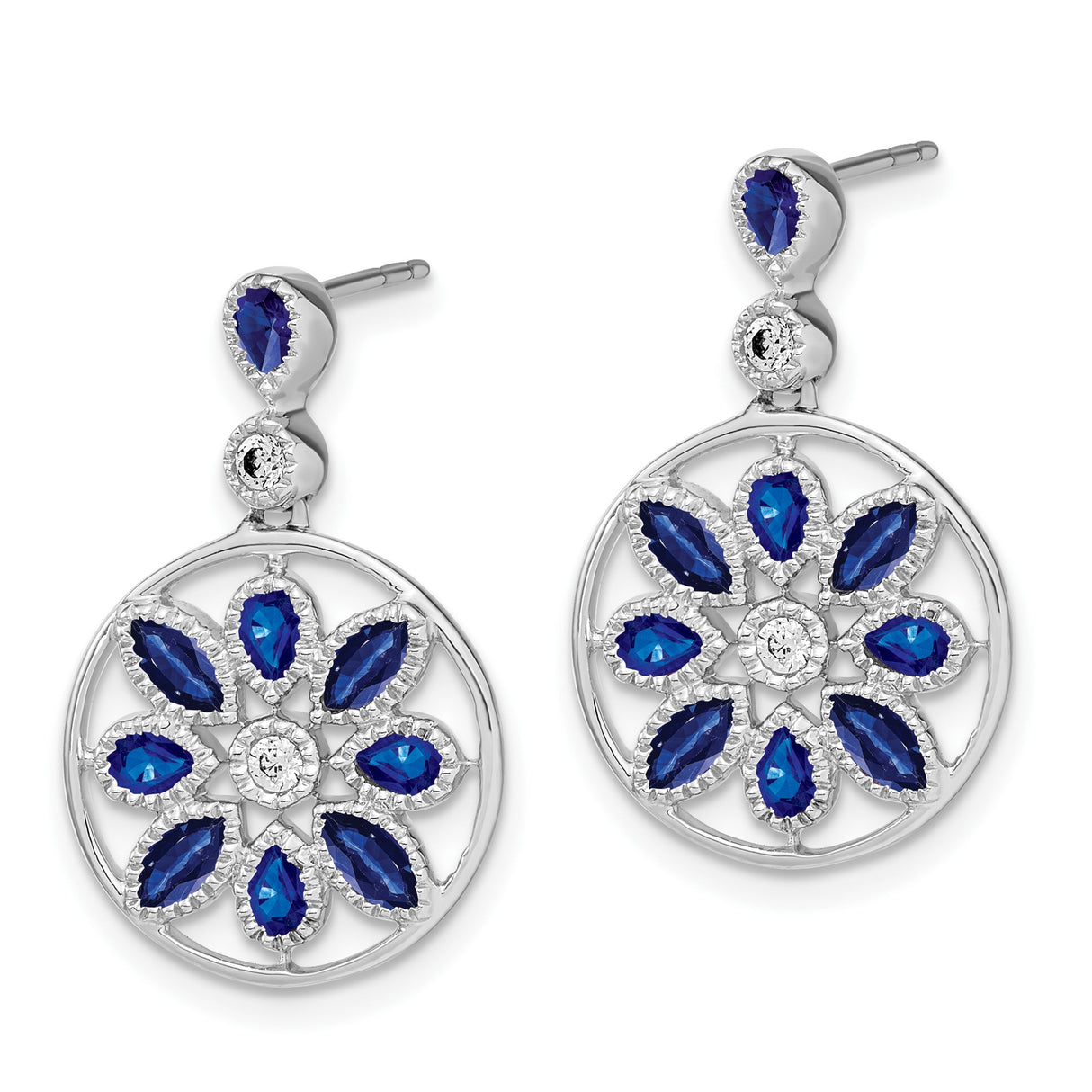 14k White Gold Dangle Earrings with Blue Sapphire, Floral Mandala and Diamond Accent Design