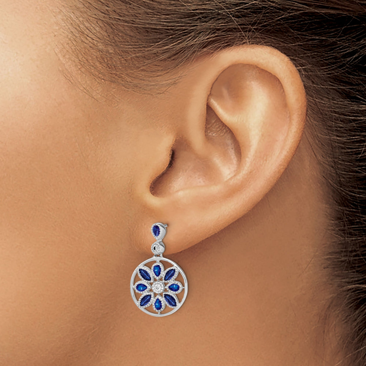 14k White Gold Dangle Earrings with Blue Sapphire, Floral Mandala and Diamond Accent Design