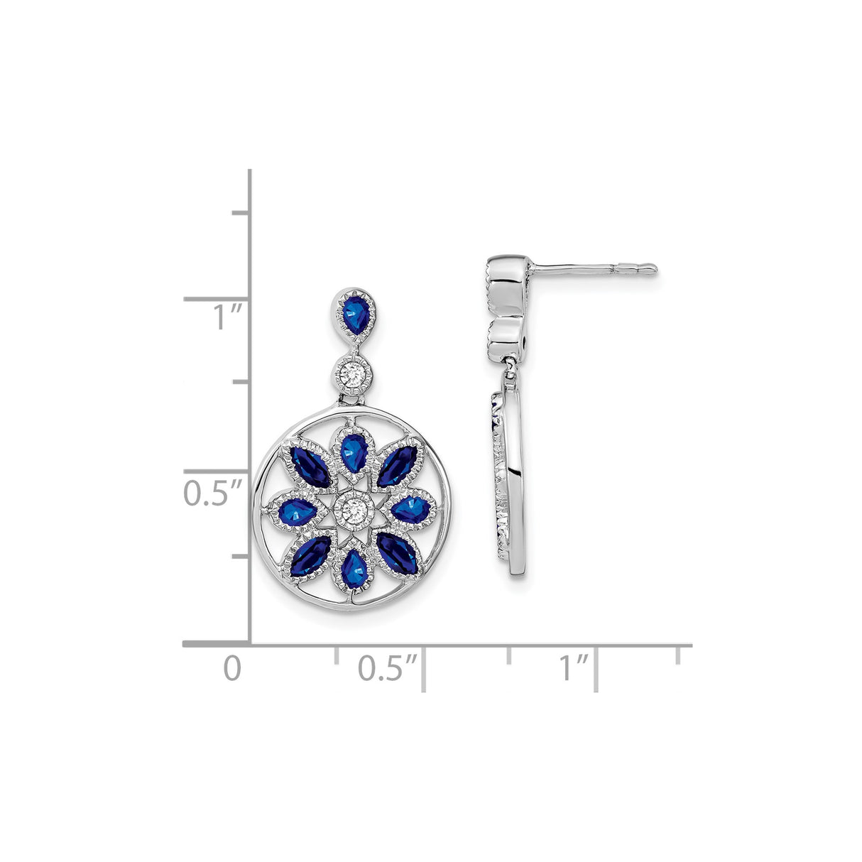 14k White Gold Dangle Earrings with Blue Sapphire, Floral Mandala and Diamond Accent Design