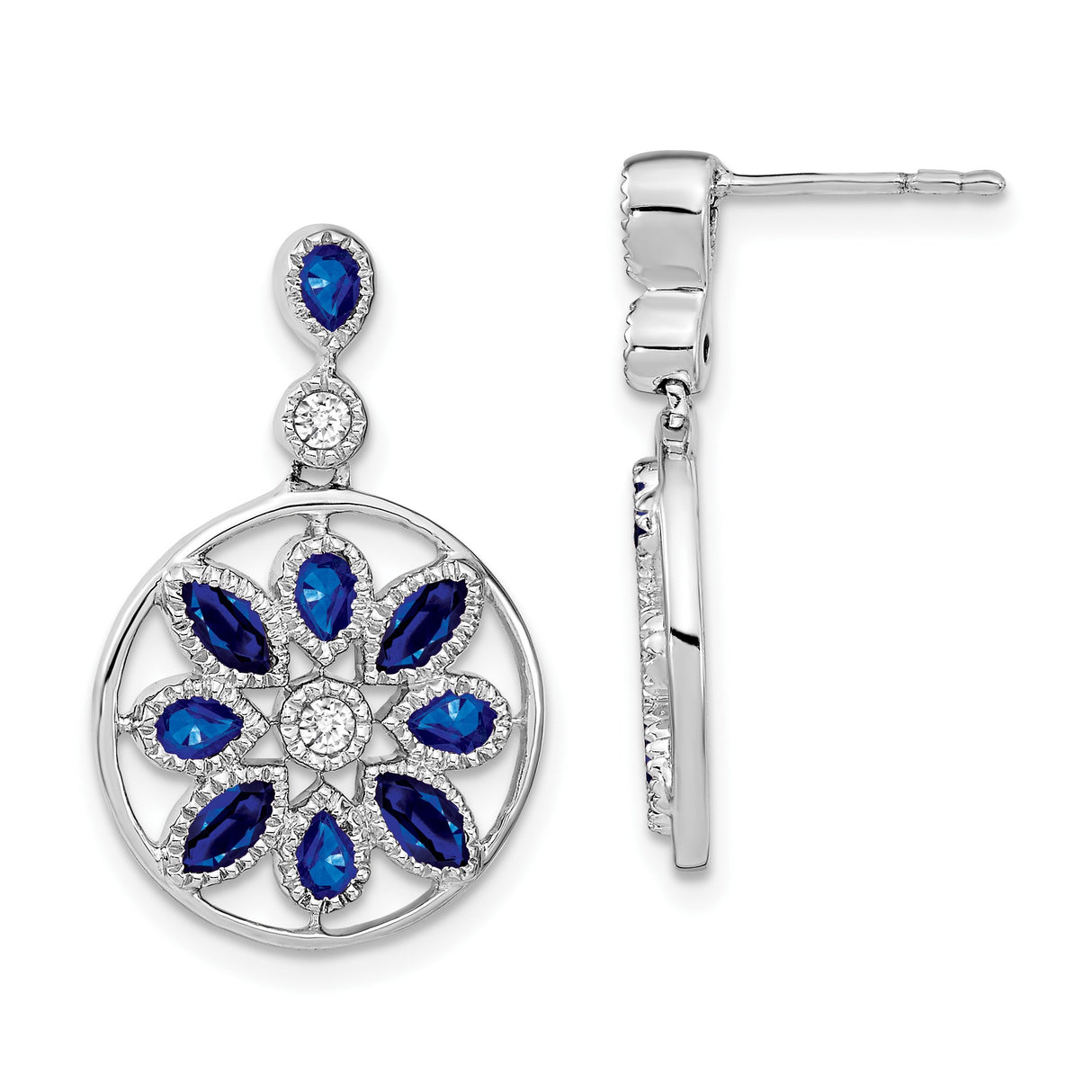 14k White Gold Dangle Earrings with Blue Sapphire, Floral Mandala and Diamond Accent Design