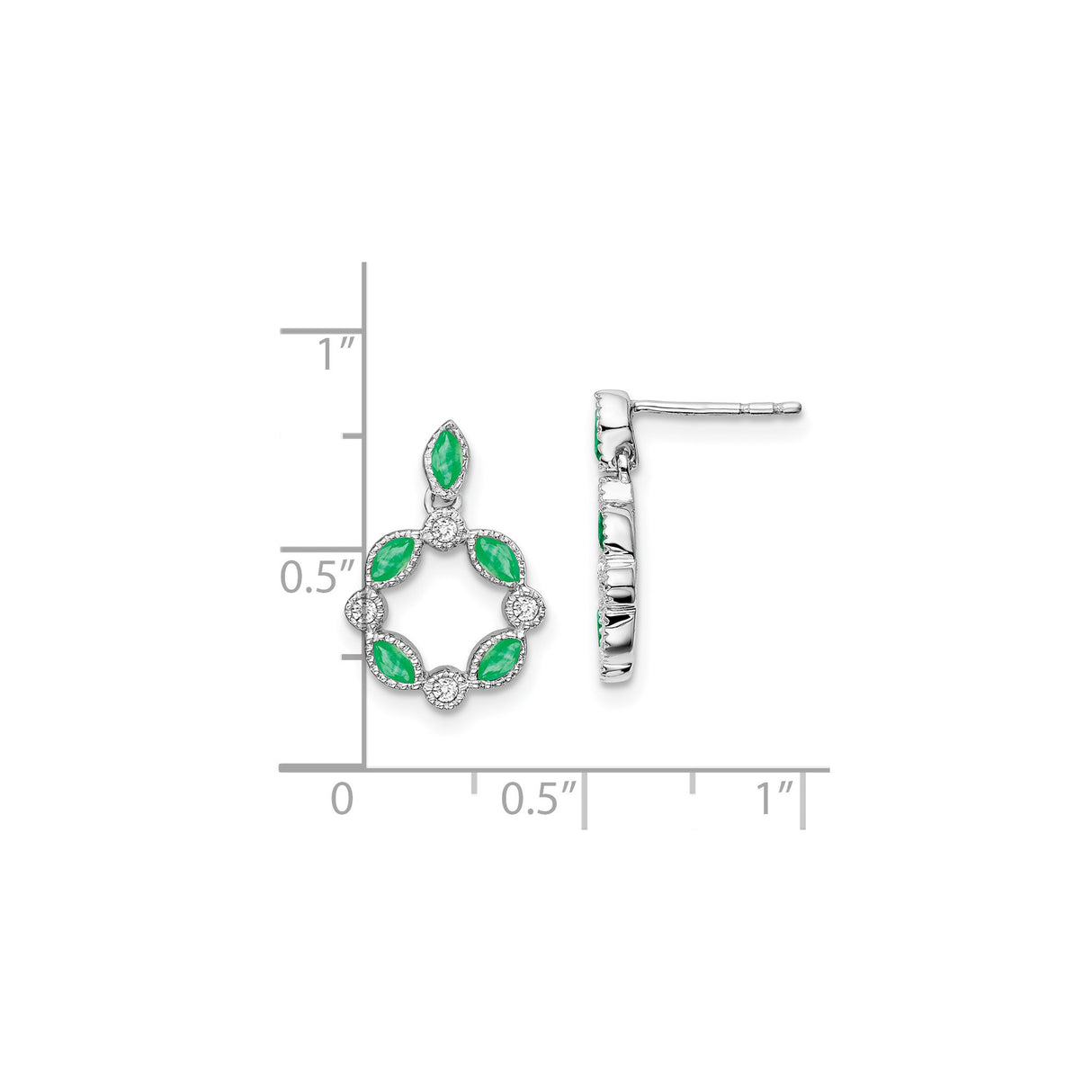14k White Gold Dangle Earrings with Emerald, Diamond Accents, Open Circle Floral Design