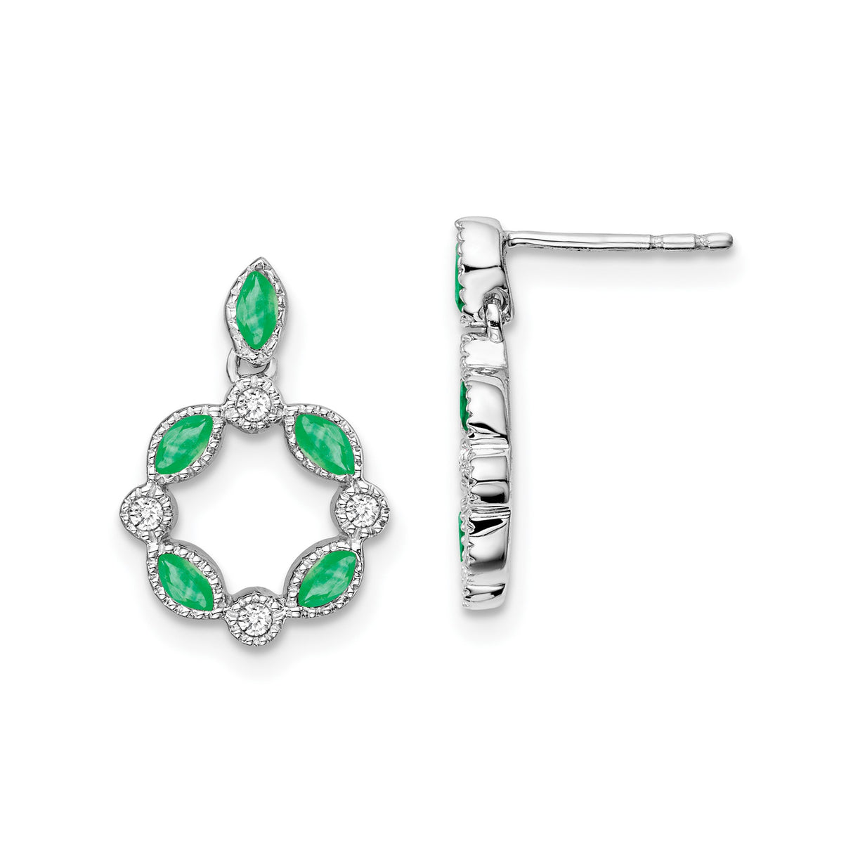 14k White Gold Dangle Earrings with Emerald, Diamond Accents, Open Circle Floral Design