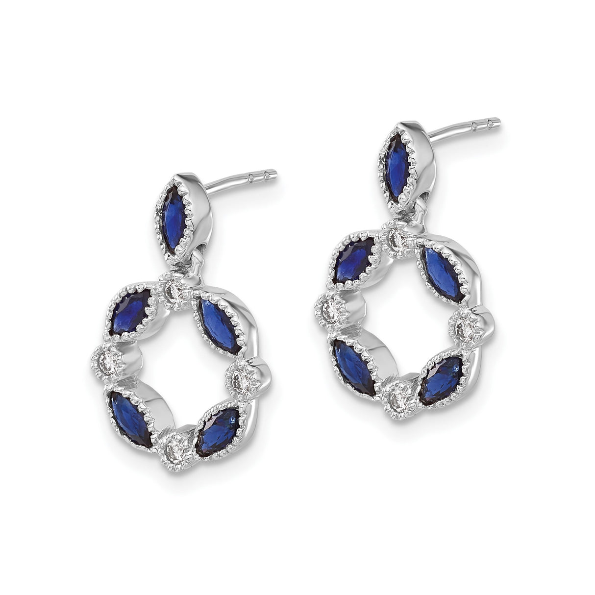 14k White Gold Dangle Earrings with Marquise Sapphire, Round Diamond, Open Circle Floral Design