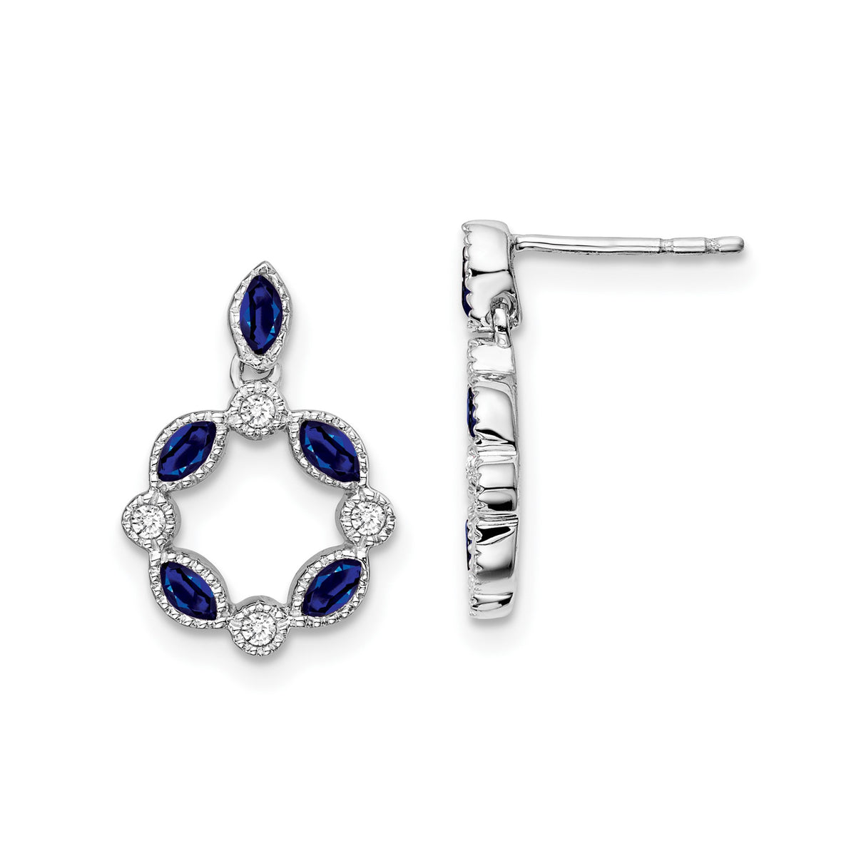14k White Gold Dangle Earrings with Marquise Sapphire, Round Diamond, Open Circle Floral Design