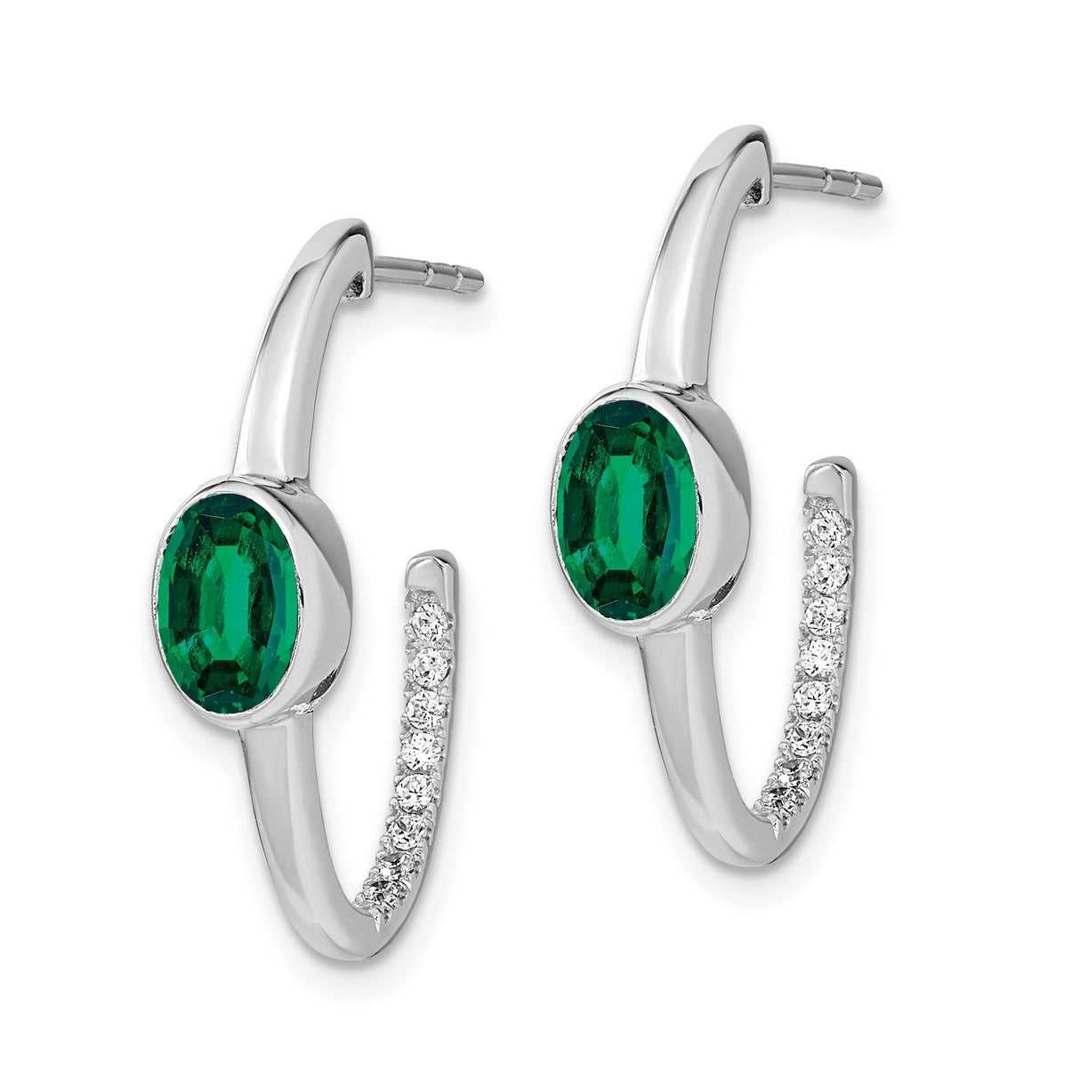 14k White Gold Hoop Earrings with Created Emerald and Diamond Accents, Modern Oval Design
