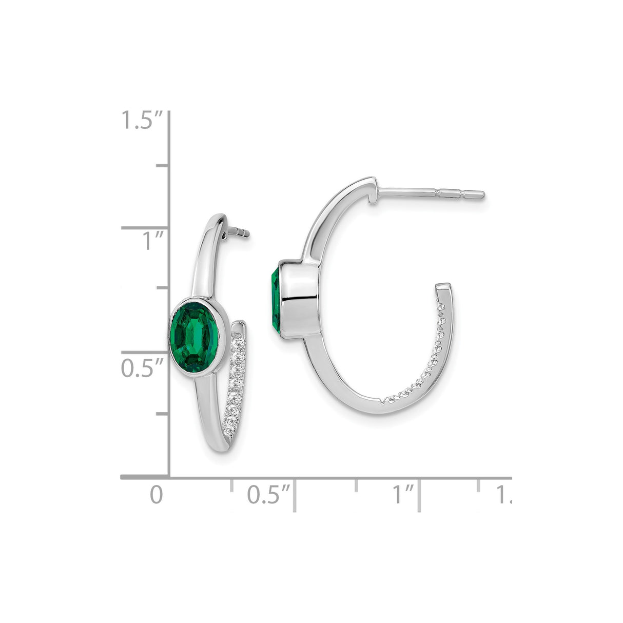 14k White Gold Hoop Earrings with Created Emerald and Diamond Accents, Modern Oval Design