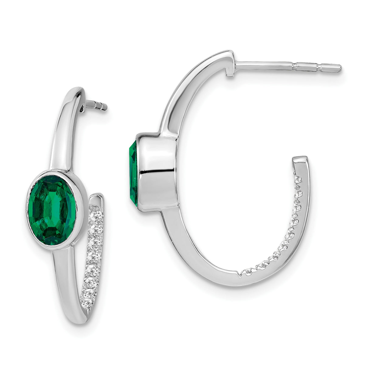 14k White Gold Hoop Earrings with Created Emerald and Diamond Accents, Modern Oval Design