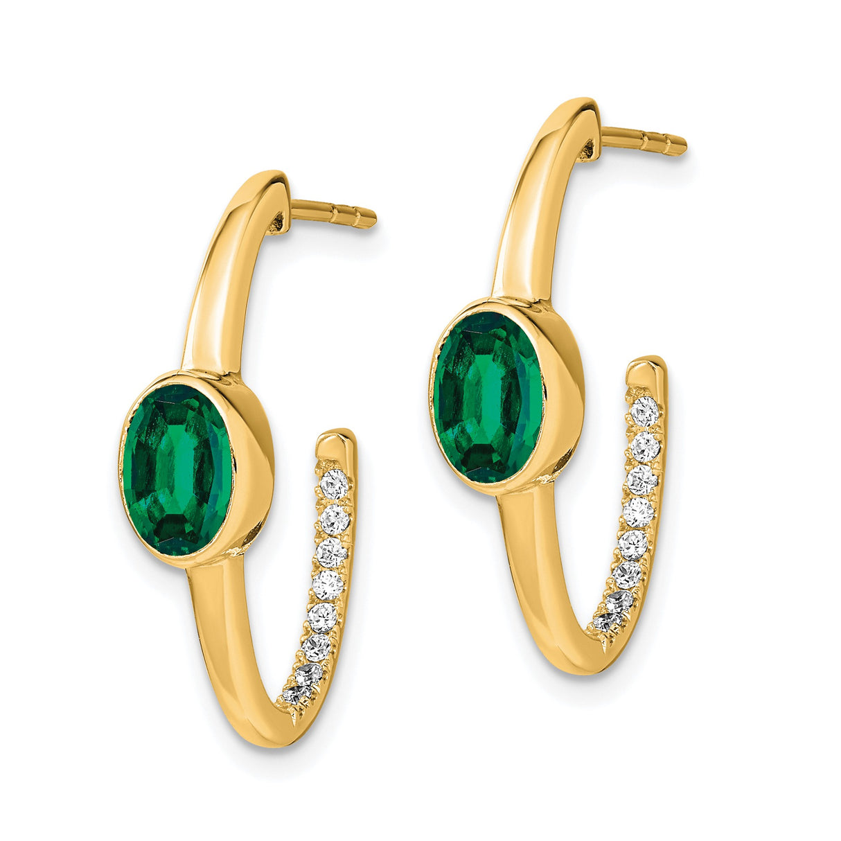 14k Yellow Gold Hoop Earrings with Created Emerald and Diamond Accents, J-Hoop Style for Women