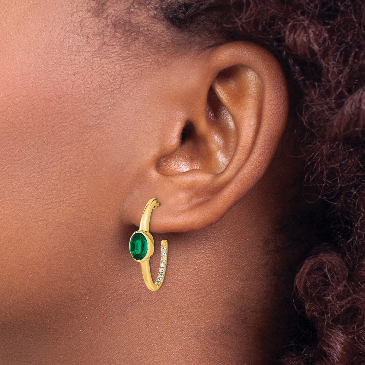 14k Yellow Gold Hoop Earrings with Created Emerald and Diamond Accents, J-Hoop Style for Women