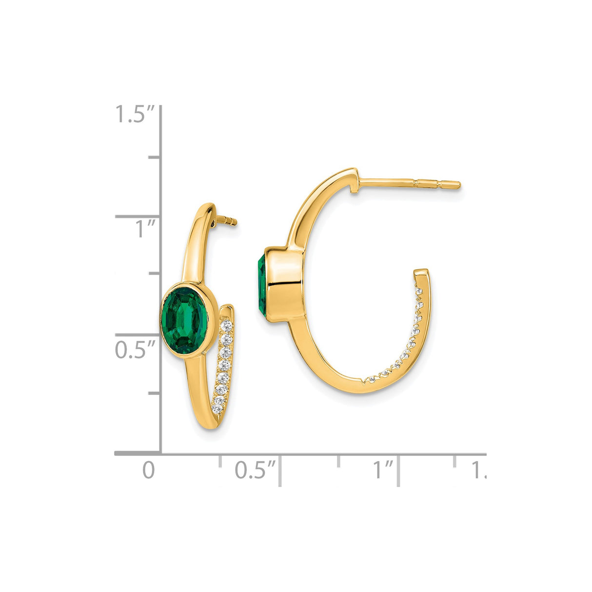 14k Yellow Gold Hoop Earrings with Created Emerald and Diamond Accents, J-Hoop Style for Women