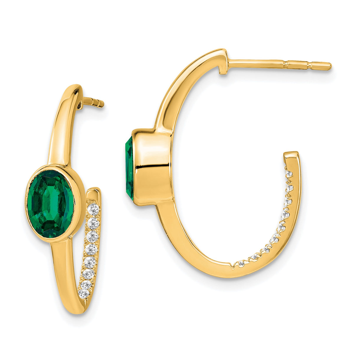 14k Yellow Gold Hoop Earrings with Created Emerald and Diamond Accents, J-Hoop Style for Women