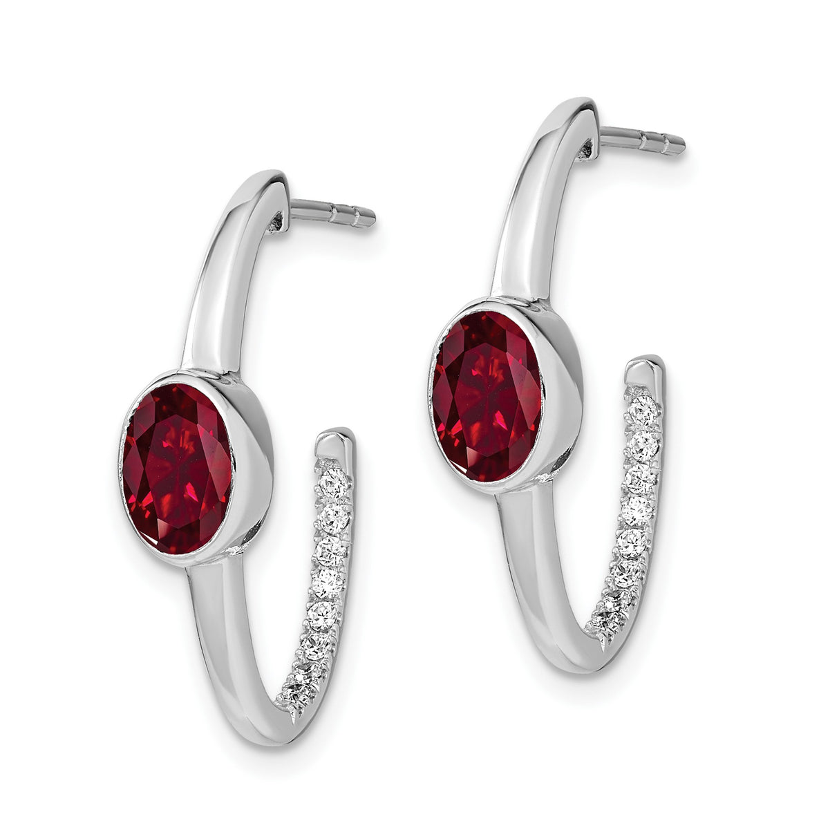 14k White Gold Hoop Earrings with Created Ruby and Diamond Accents, Modern J-Hoop Design