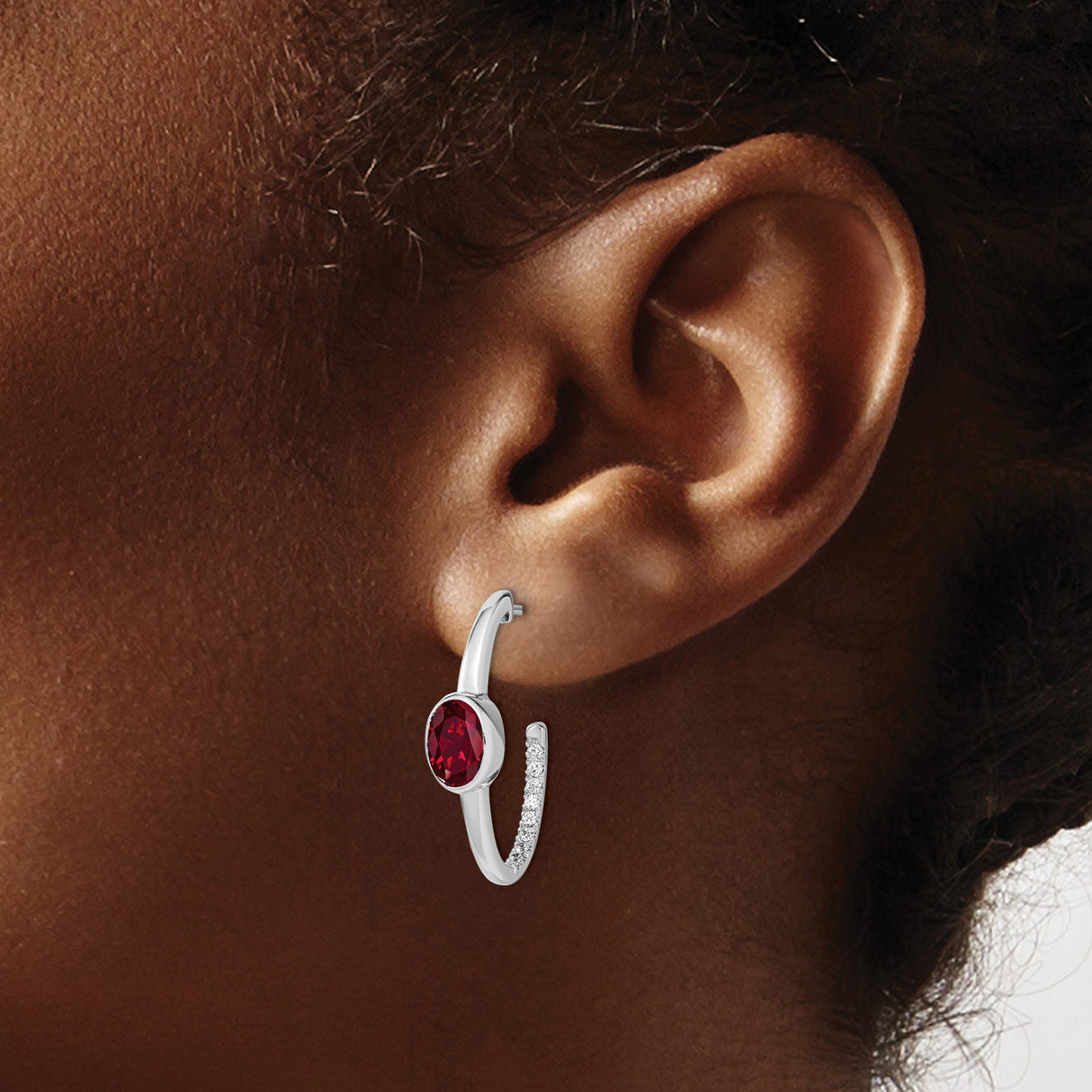 14k White Gold Hoop Earrings with Created Ruby and Diamond Accents, Modern J-Hoop Design
