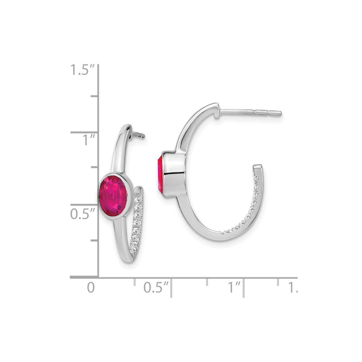 14k White Gold Hoop Earrings with Created Ruby and Diamond Accents, Modern J-Hoop Design