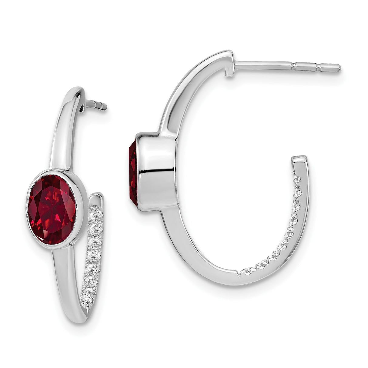 14k White Gold Hoop Earrings with Created Ruby and Diamond Accents, Modern J-Hoop Design