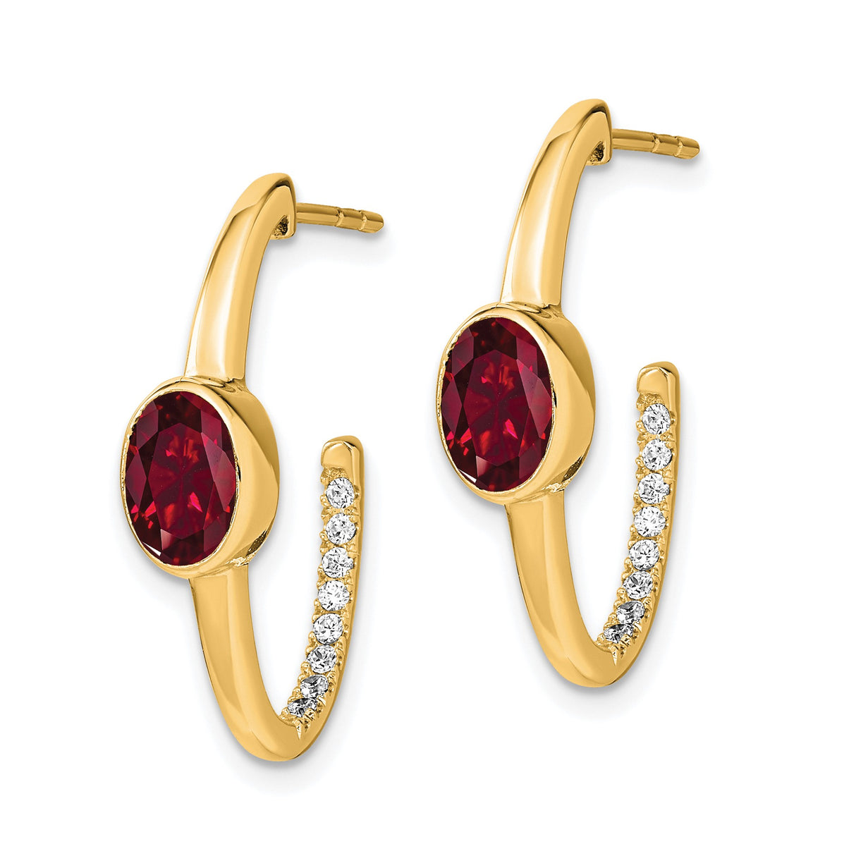 14k Yellow Gold Hoop Earrings with Created Ruby and Diamond Accents, Oval Cut Design for Women