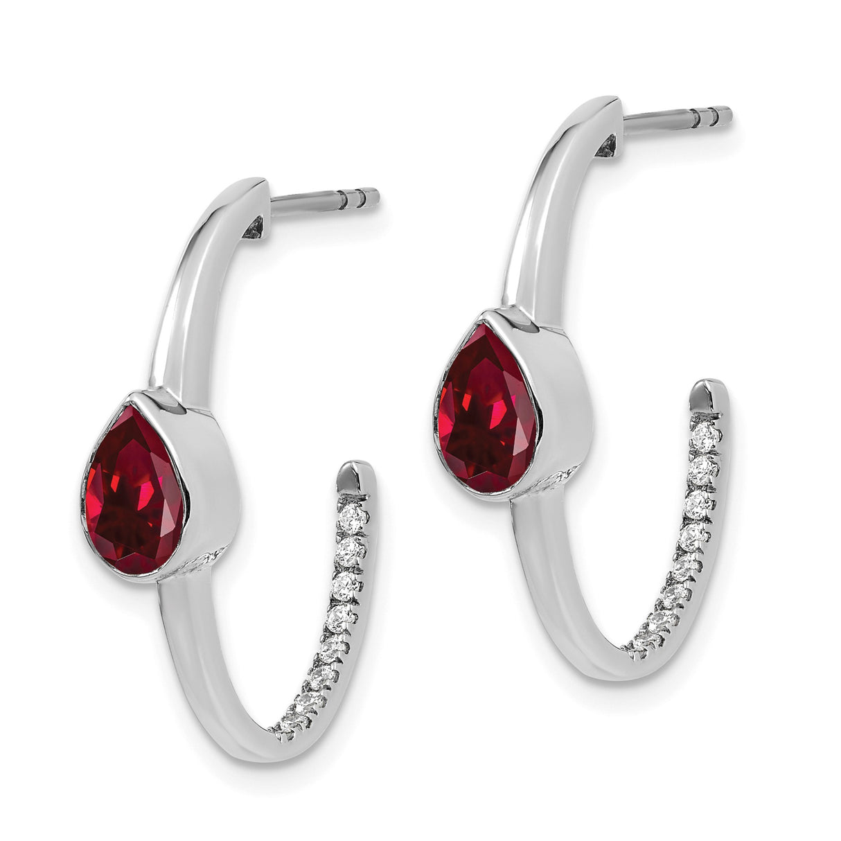 14k White Gold Hoop Earrings with Pear Shape Created Ruby and Diamond Accents