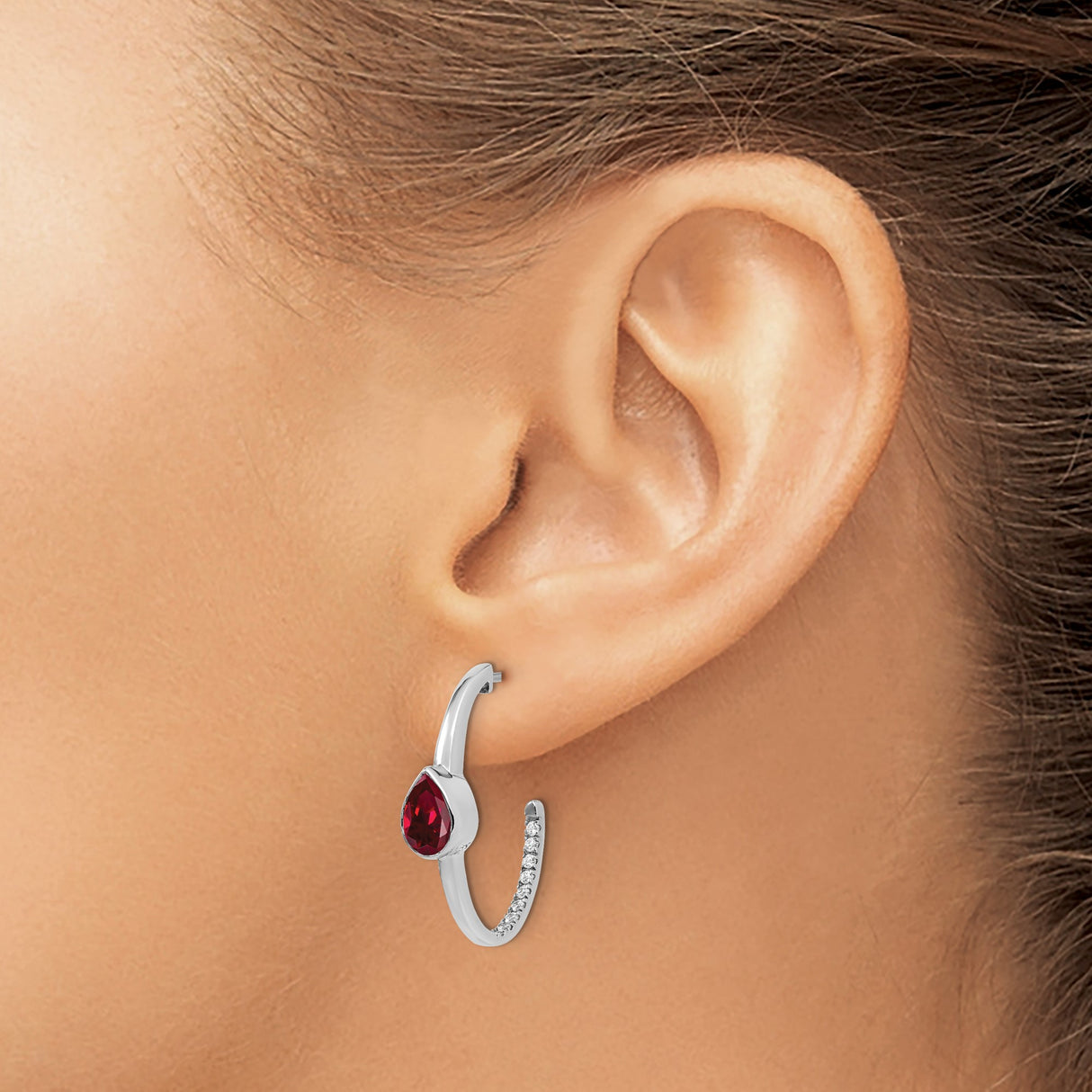 14k White Gold Hoop Earrings with Pear Shape Created Ruby and Diamond Accents