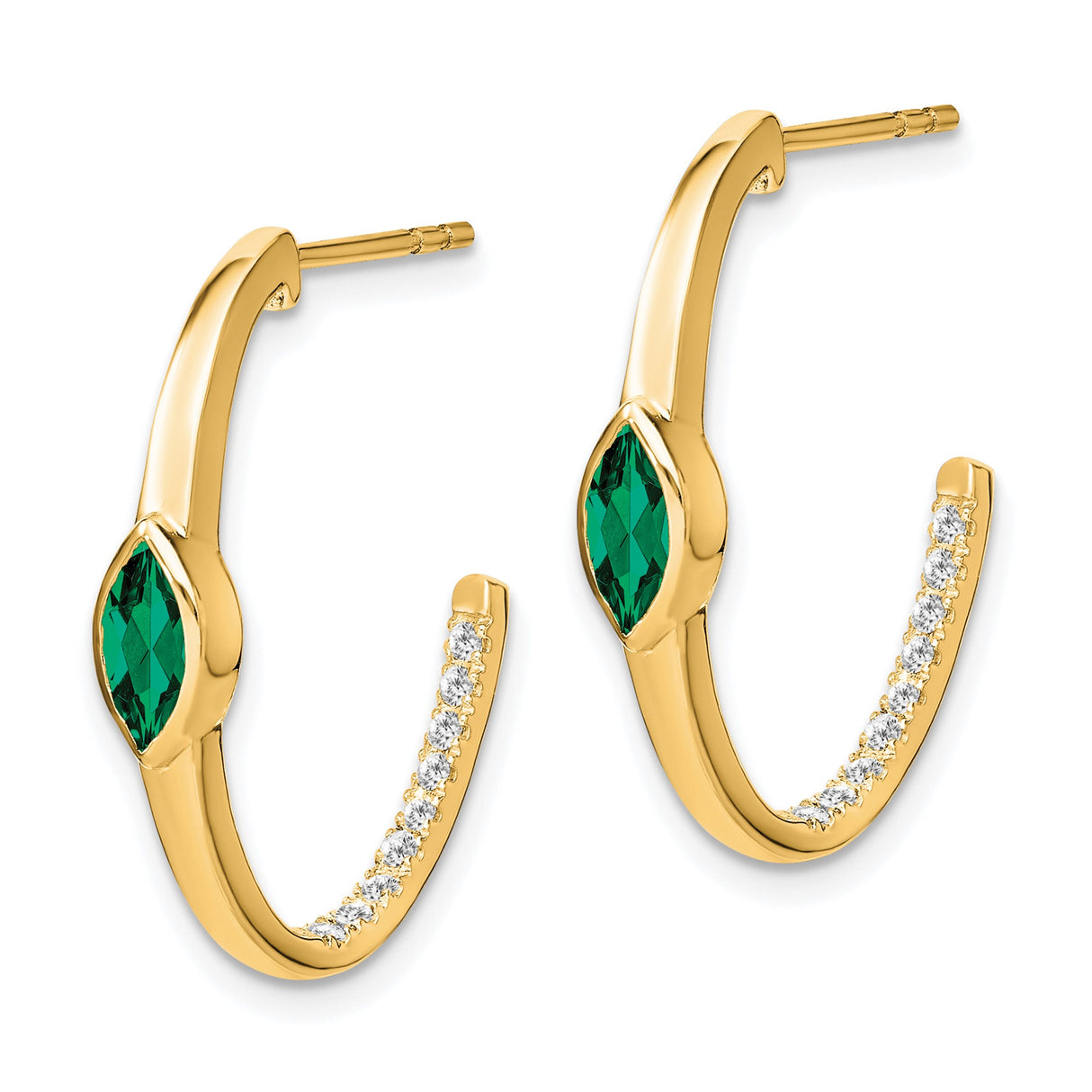 14k Yellow Gold Hoop Earrings with Marquise Created Emerald and Diamond Accents, J Hoop Design