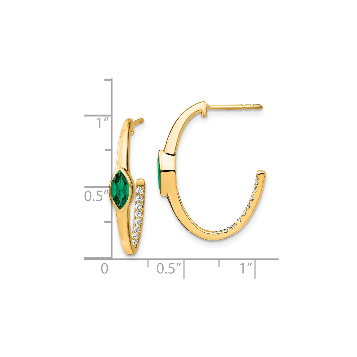 14k Yellow Gold Hoop Earrings with Marquise Created Emerald and Diamond Accents, J Hoop Design