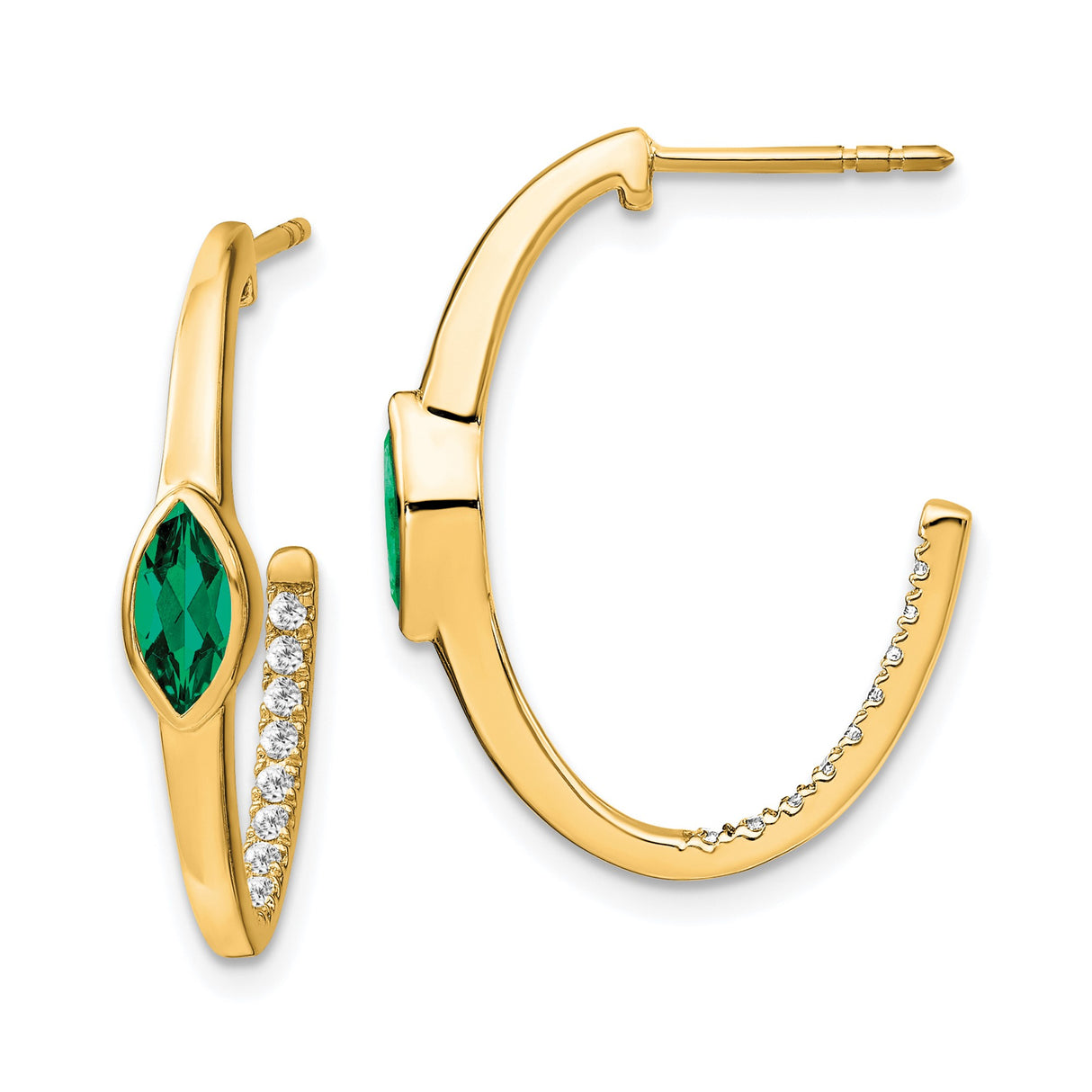 14k Yellow Gold Hoop Earrings with Marquise Created Emerald and Diamond Accents, J Hoop Design